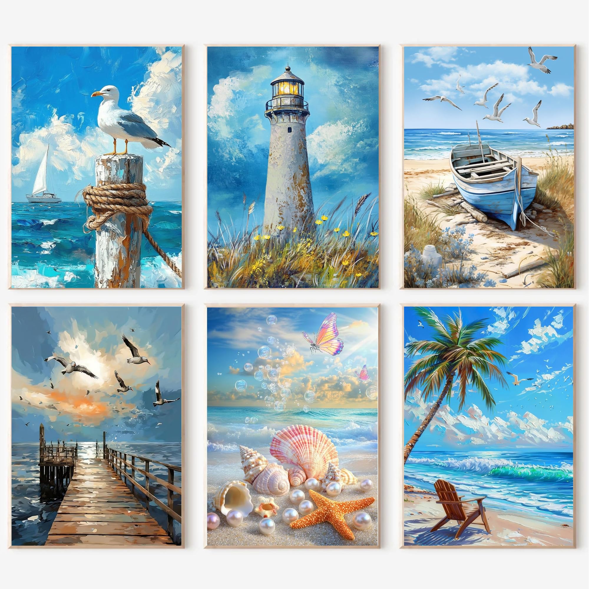 6 Packs Summer Beach Paint by Numbers Kit for Adults,DIY Acrylic Oil Painting Paint by Numbers Kits on Canvas,Adults Paint by Numbers Kits Drawing Paintwork for Home Decor