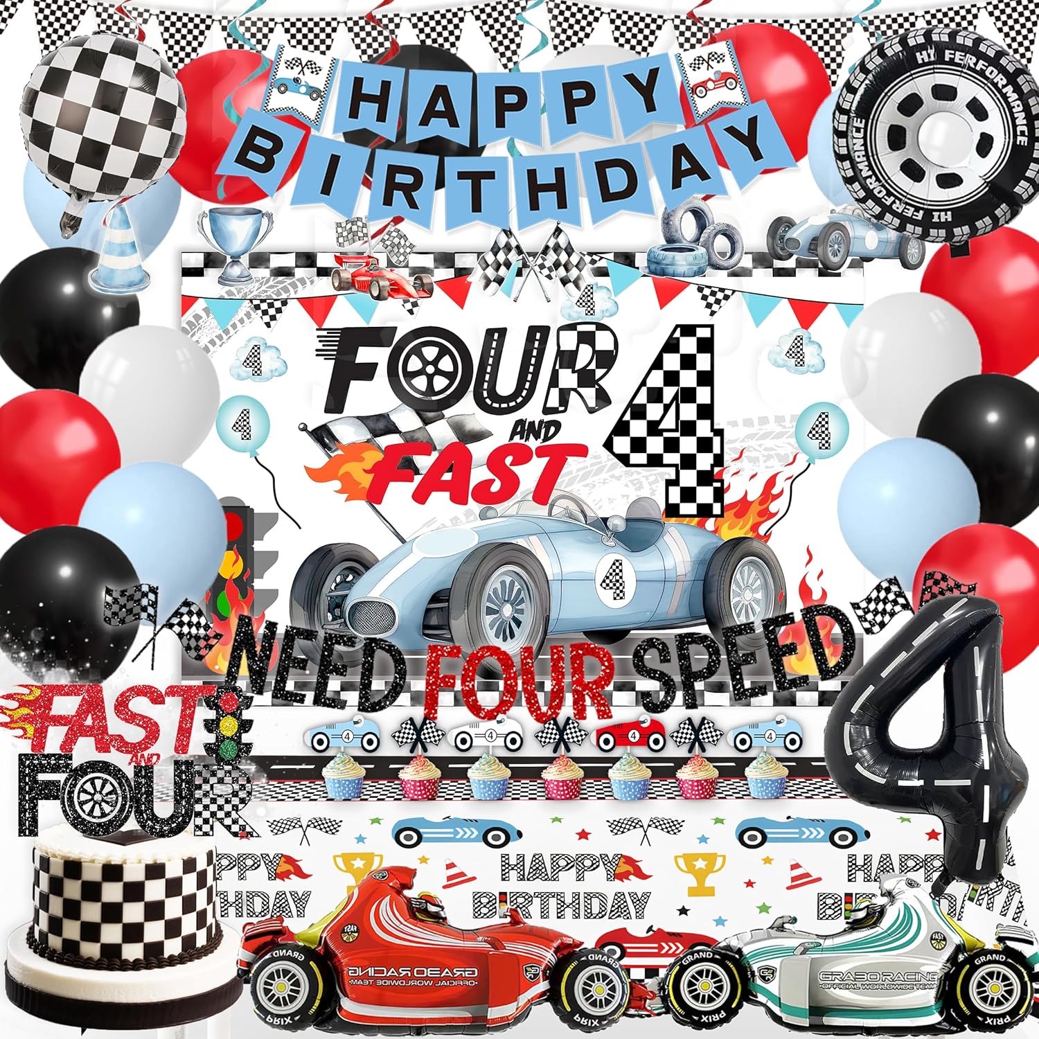 Need Four Speed Birthday Decoration Racing Car 4th party Boys Race car 4th Birthday Party Decorations Include Banner, Tablecloth, background, Car Balloons ,cake topper