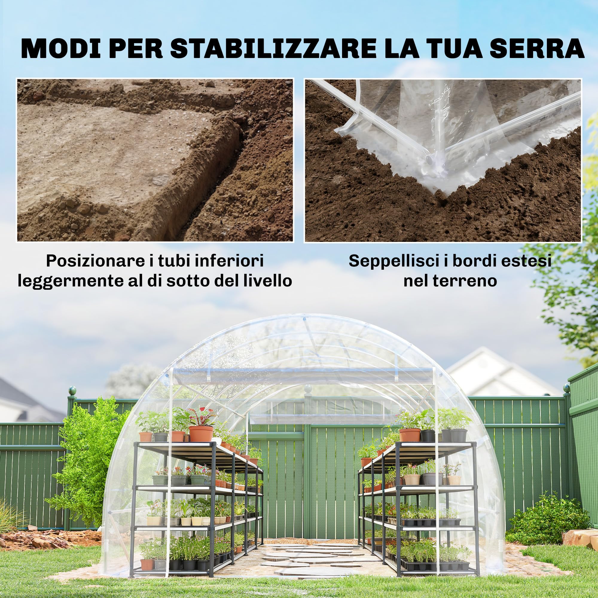 Outsunny Serra da Giardino a Tunnel 3x6x2 m con 2 Porte Avvolgibili, Serra per Orto con 4 Rinforzi Diagonali, Struttura in Acciaio e Copertura PE, per Orto Verdure Fiori Frutta, Anti UV, Trasparente