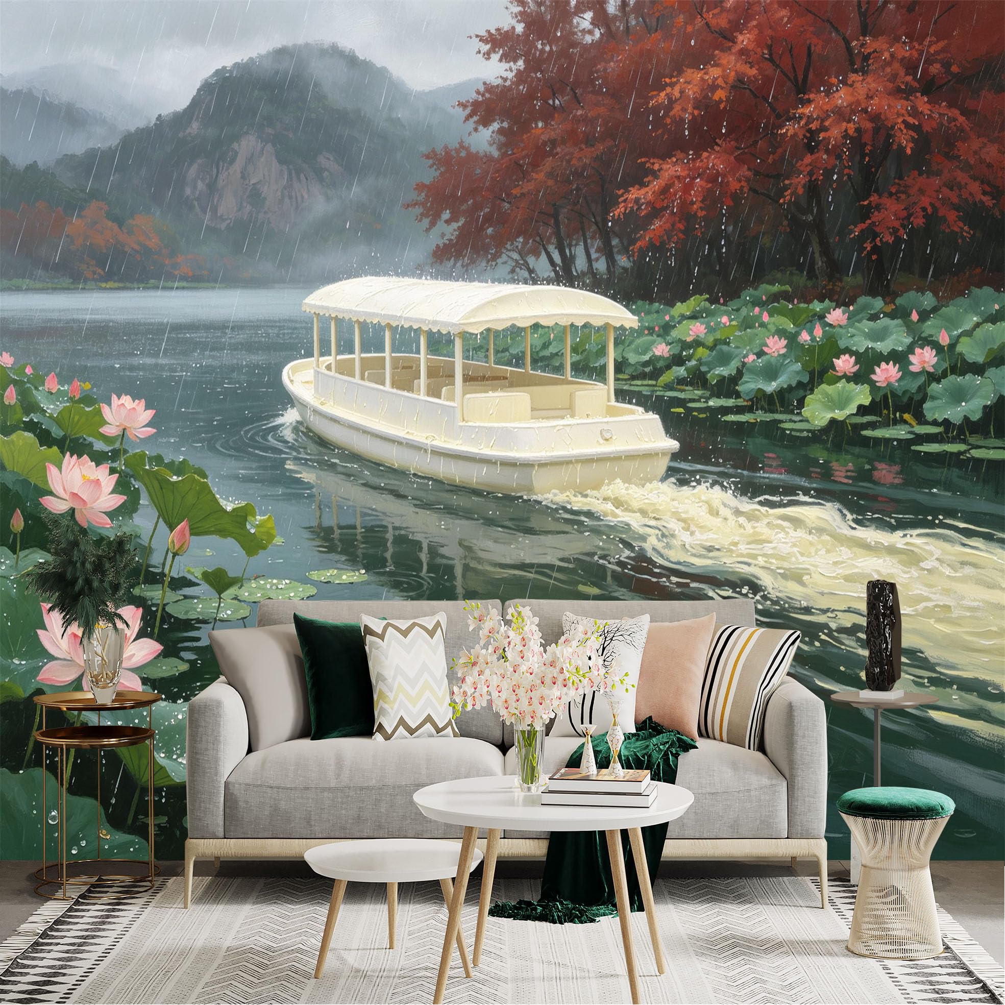 Custom Size Wall Sticker Mural， Rainy Lake with Cruise Boat， Blooming Pink Lotus Flowers， Serene Nature Scenery， for wall Decoration， peelandstick wall Decals.