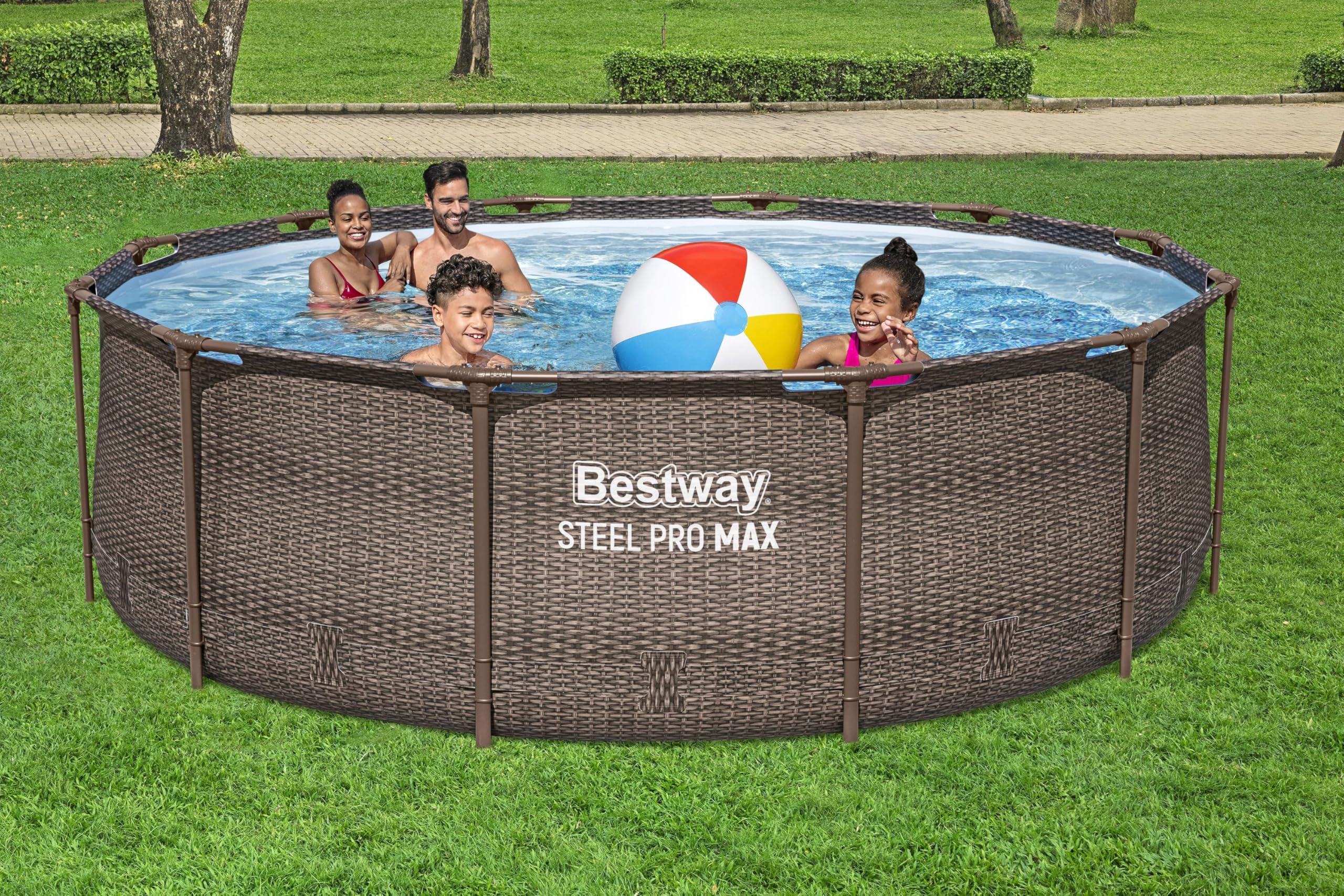 Bestway Steel Pro MAX Frame Pool-Set mit Filterpumpe Ø 366 x 100 cm, Rattan-Optik (Schokobraun), rund