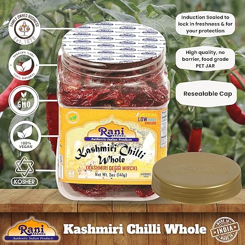Miniatura 4 de Rani Kashmiri - Chile entero (Deggi Mirch, bajo calor), tarro PET de 5 onzas (4.97 oz)  Natural  Sin sal  Vegano  Sin colores  Apto para gluten  Sin
