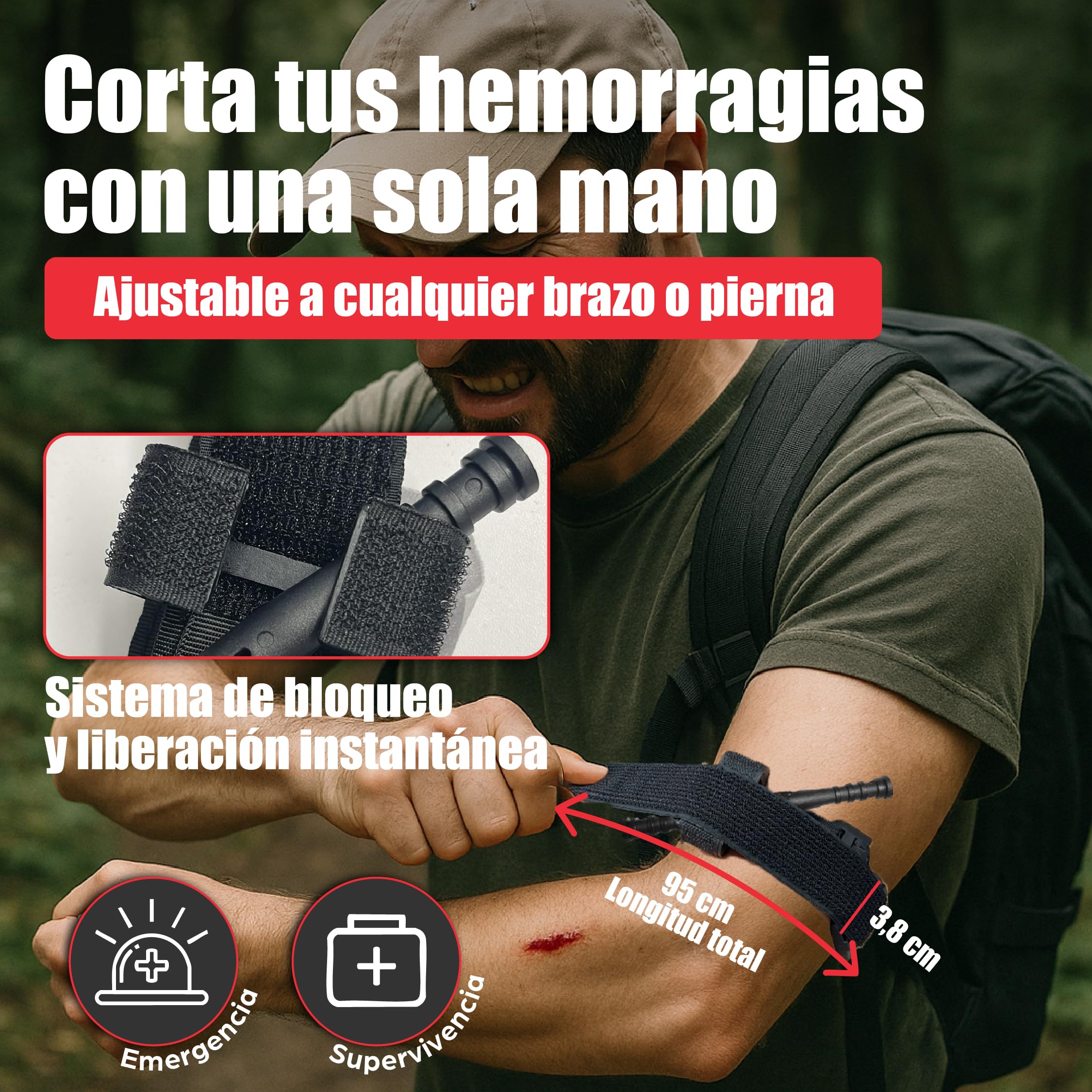 Pack Torniquete Táctico. 5 piezas (torniquete+funda+tijeras+boligrafo+parche) Kit supervivencia homologado hemorragias. Emergencias senderismo, militar, enfermero, policía Botiquín primeros auxilios
