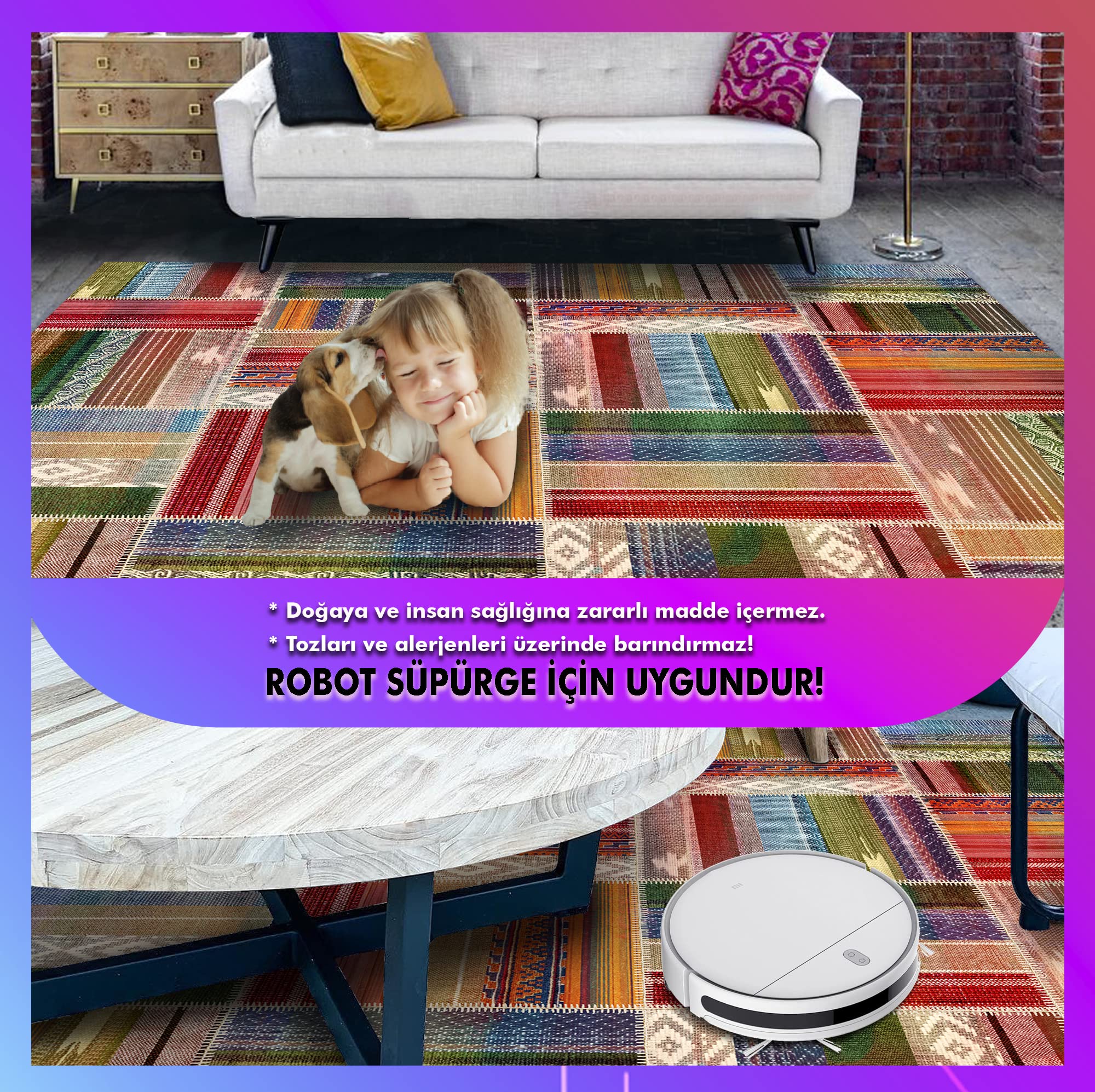 Latte Dizayn Bitsy Desenli Kadife Pamuk Tabanlı Yıkanabilen Kaydırmaz Antibakteriyel Salon Halısı 60X190