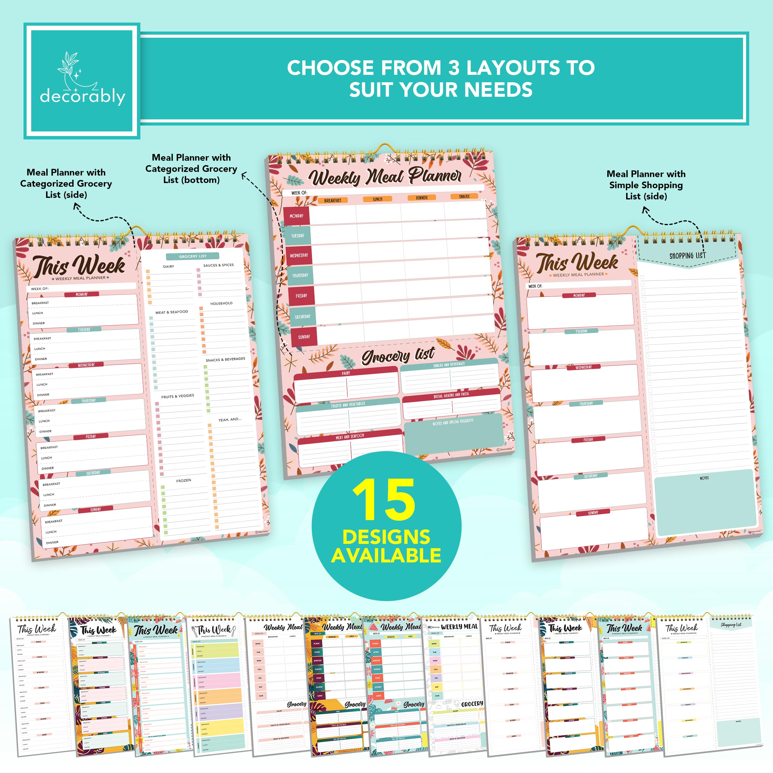 Snapklik.com : Decorably 52 Sheets Floral Pink Undated Weekly Meal Planner