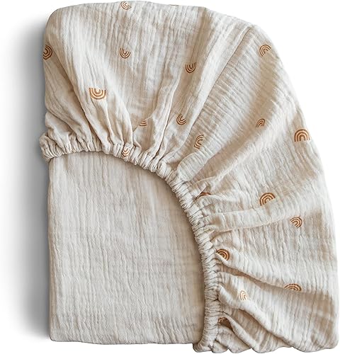 Miniatura 1 de mushie Sábana bajera ajustable de muselina extra suave  28 x 52 pulgadas (arcoíris)