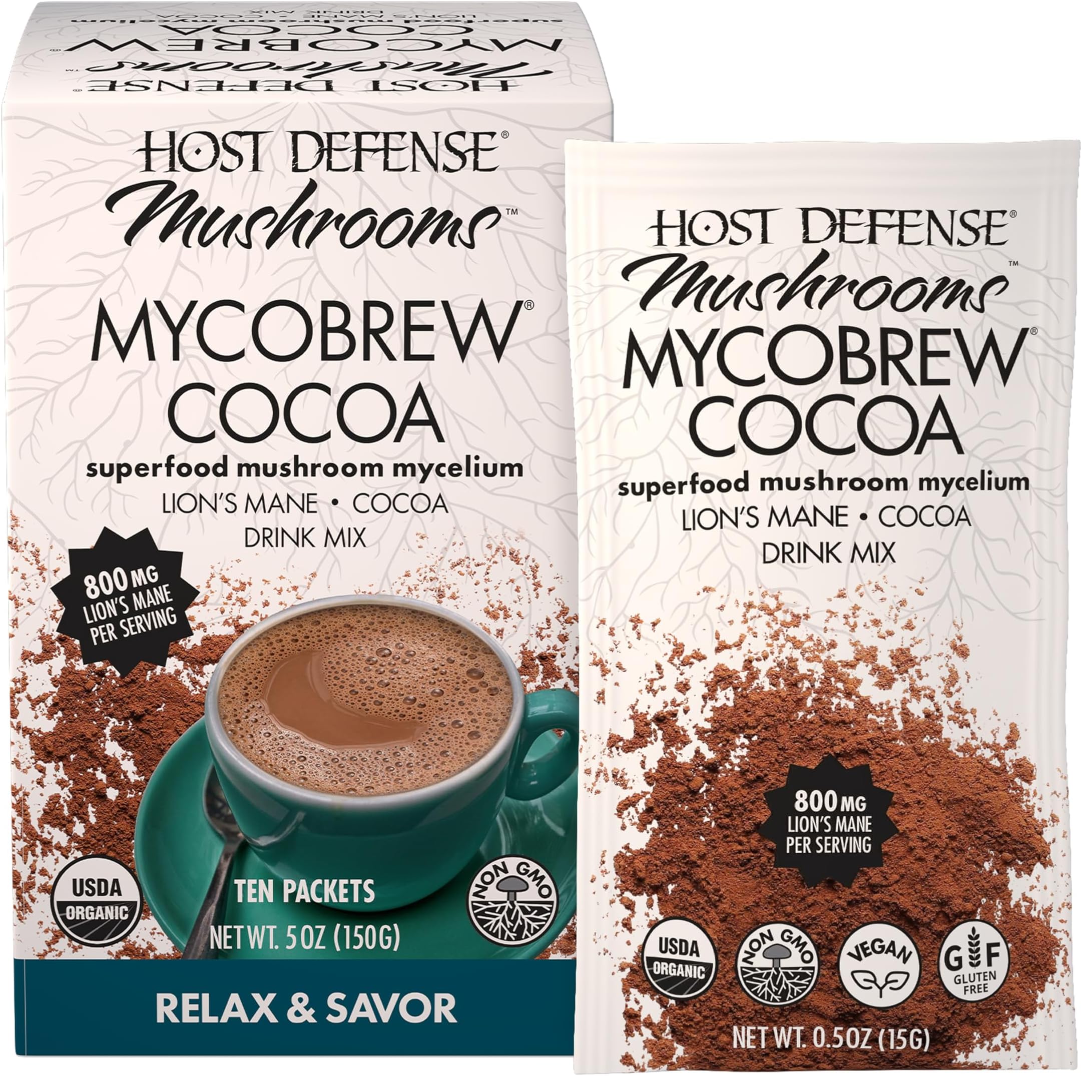 MycoBrew Cocoa - Cocoa Drink Mix Includes Lion's Mane Mushroom Powder - Superfood Powder Drink Mix with Fair Trade Certified Chocolate - 10 Packets (10 Servings)