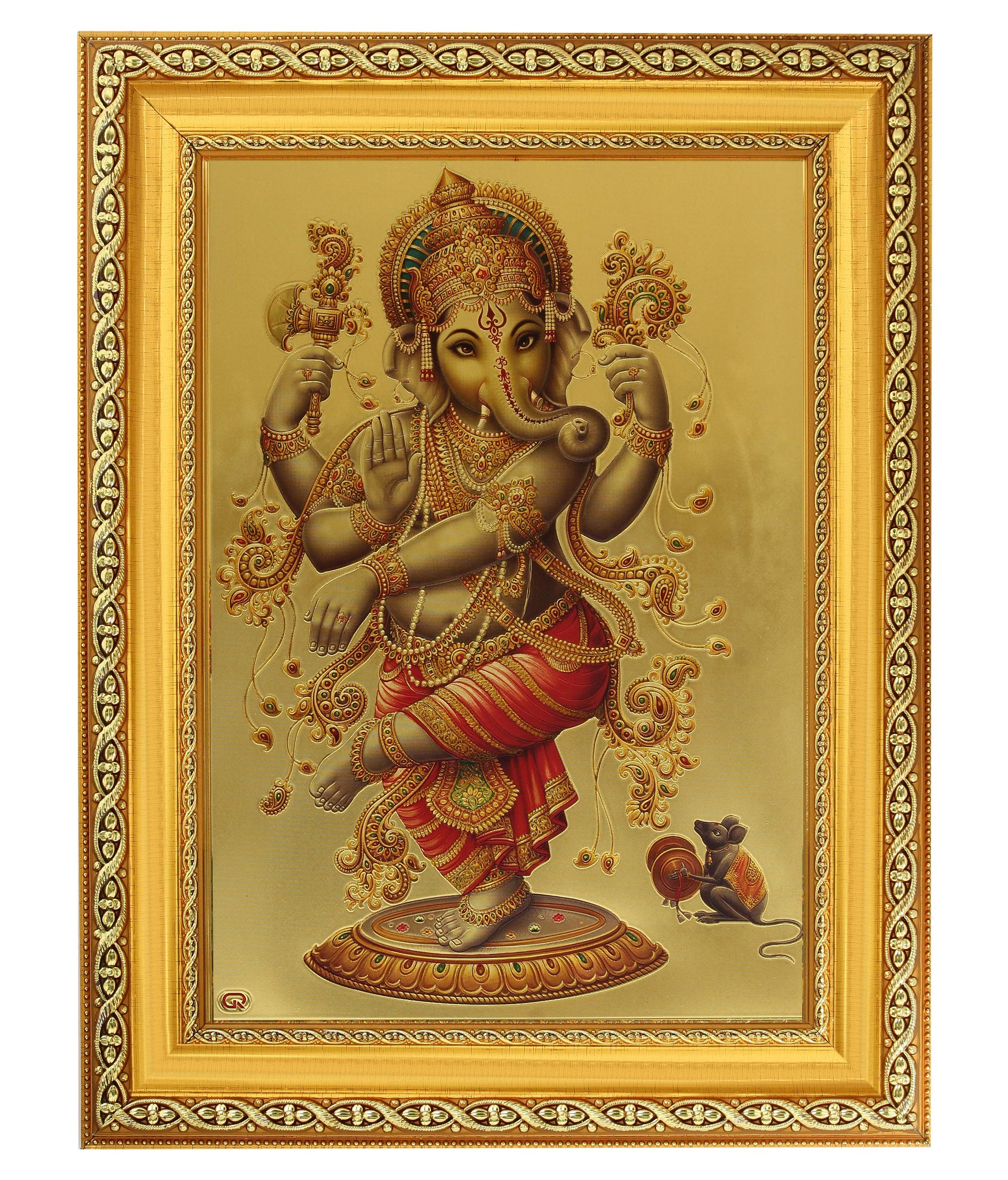Tableau de Ganesha dansant avec cadre doré premium 28x35 cm d'Asie