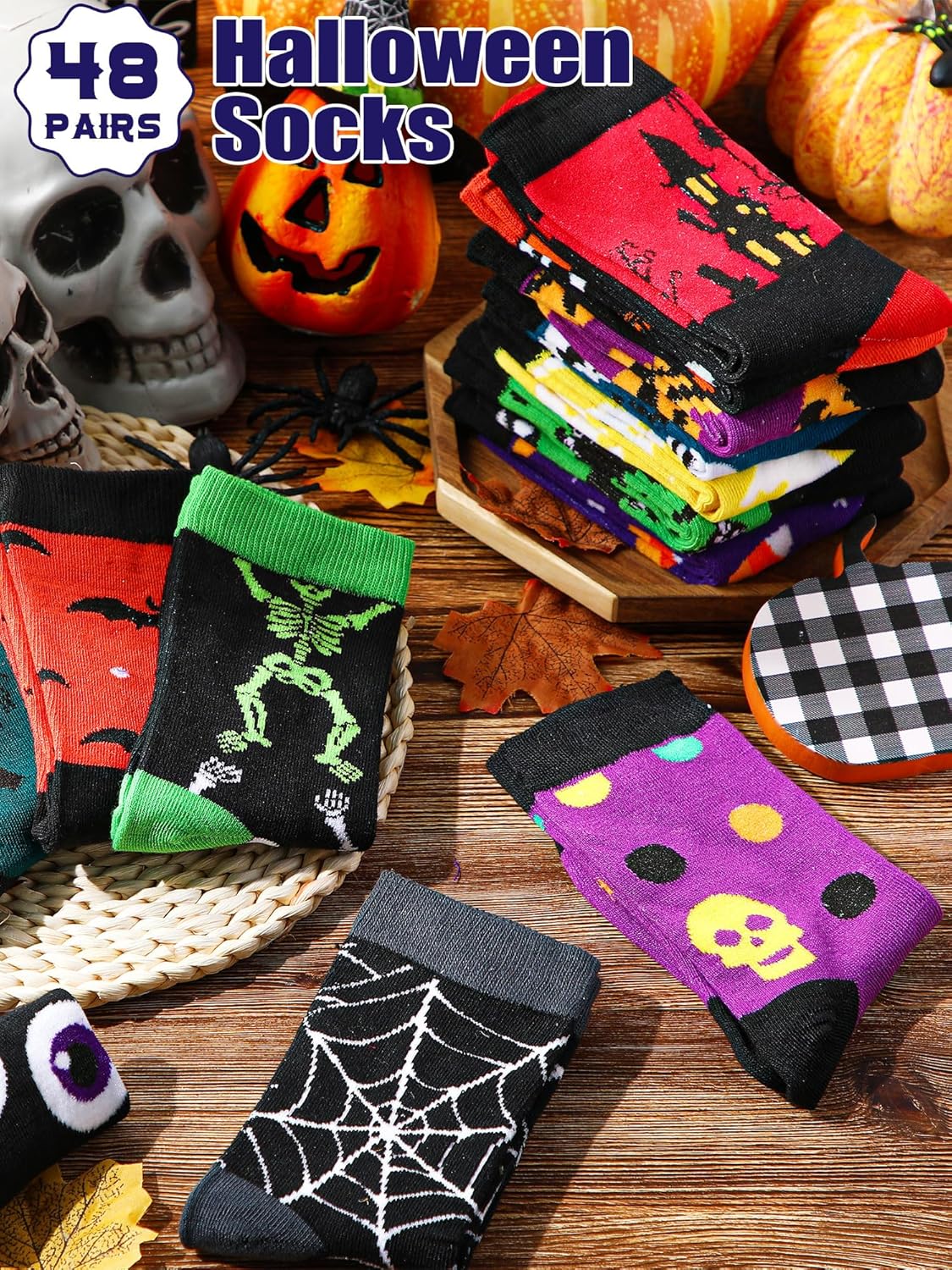 Ramede 48 Pairs Halloween Socks Bulk for Women Men Fuzzy Novelty Pumpkins Sock Ghost Spiders Skull Skeletons Crew Sock