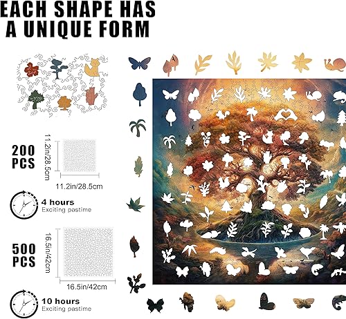 Miniatura 3 de Rompecabezas de madera para adultos, 500 piezas, árbol de la vida, sombra, tamaño real, caja de forma única, embalaje, divertido, desafiante,