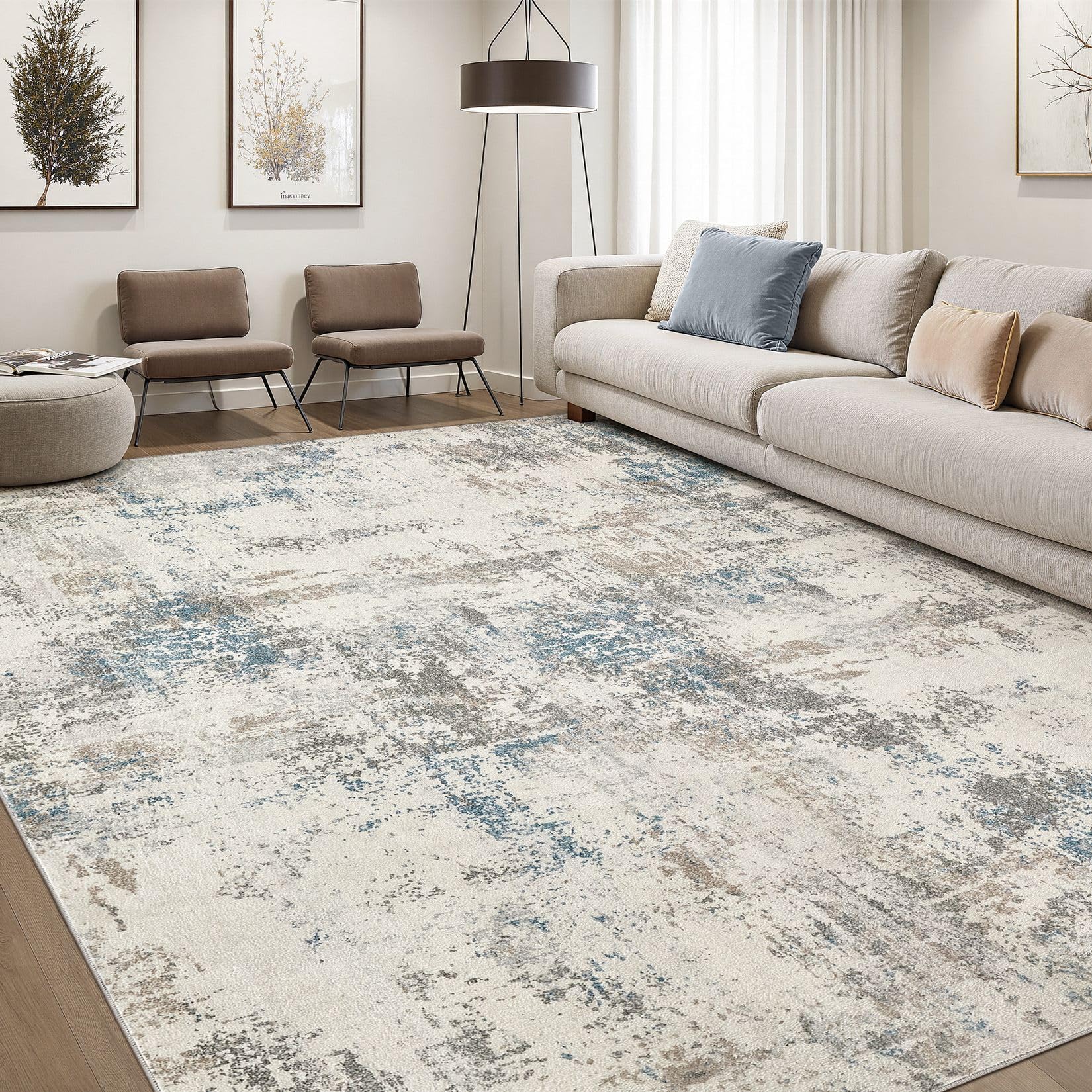 DMOYEST Washable Rugs Living Room 180x270cm - Large Abstract Neutral Modern Soft Non Slip Low Pile Kid Pet Friendly Carpet for Bedroom Dining Home Office - Beige/Blue/Brown