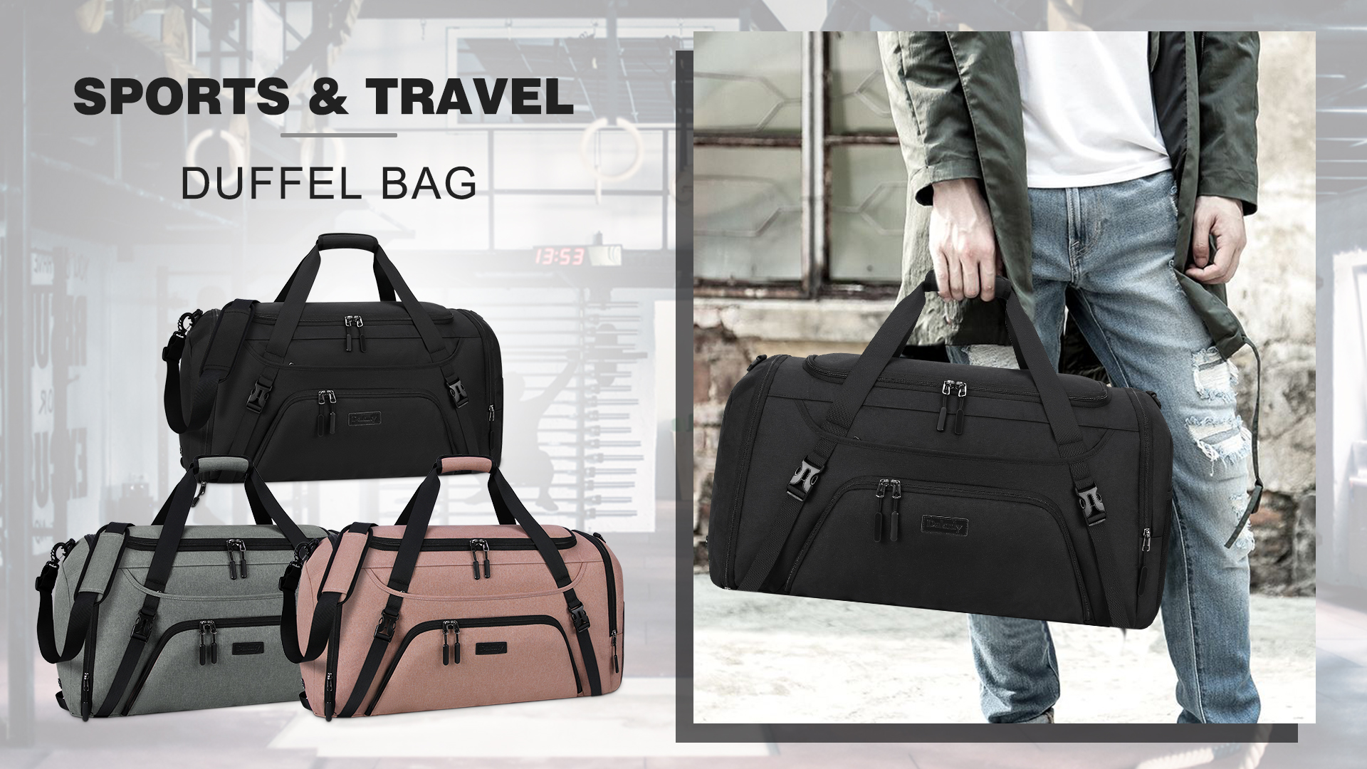 Borsone Dakuly 55L Con Scomparto Scarpe - Borsa Sportiva Impermeabile Per Palestra, Viaggi E Ospedale - Nero - Foto 6