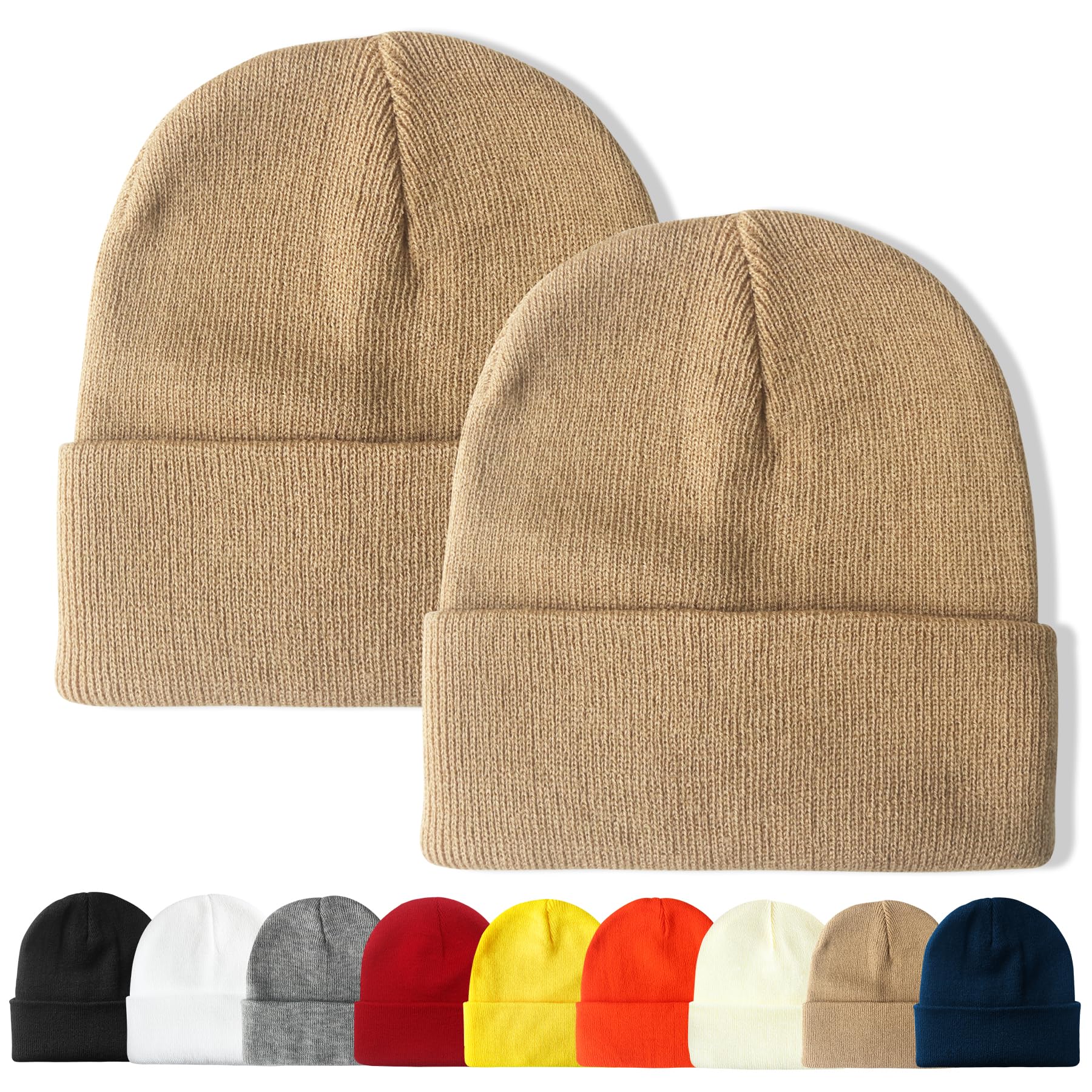 PFFY 2 gorros de invierno de punto acrílico con puños lisos, gorros de calavera, regalos para hombres y mujeres