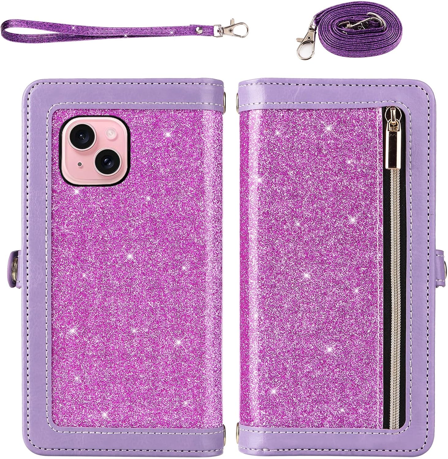 Asuwish Phone Case for iPhone 15 Plus 6.7 inch Zipper Wallet Cell Cover with Tempered Glass Screen Protector Strap Bling Glitter Flip Card Holder Slot i Phone15 15+ i15 + 15Plus Women Men Girls Purple