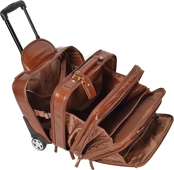 A1 FASHION GOODS Real Chestnut Leather Pilot Case Trolley Bag Laptop Business Travel Weekend Cabin Bag AL1, Chestnut, M, Rolling Leather Pilot case