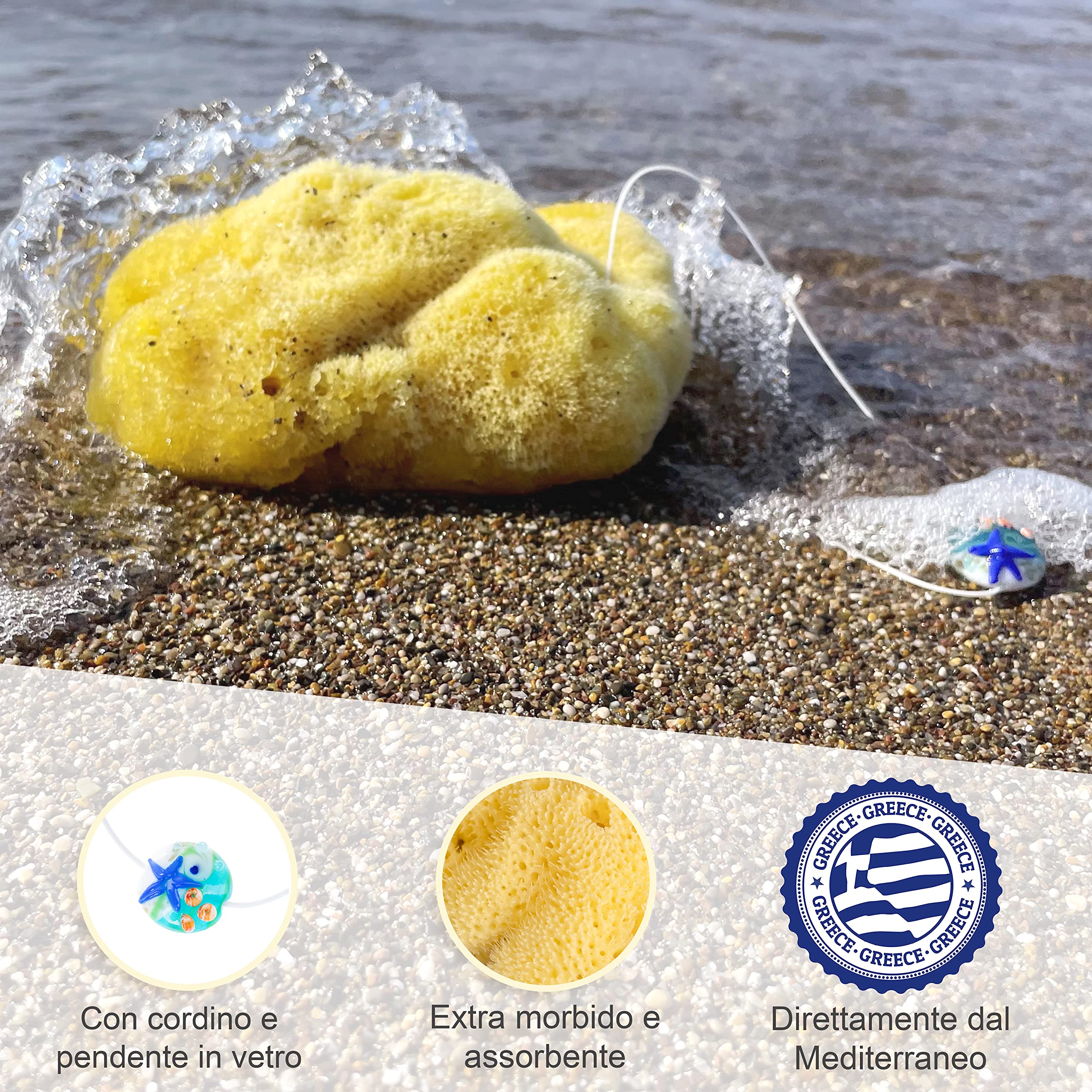 tom&pat® Spugna naturale Silk • cordino e ciondolo vetro • per bagnetto neonato, bambini, doccia e bagno • Dermatest eccellente • qualità premium Grecia • eBook Sapone Naturale DIY (15-16 cm)