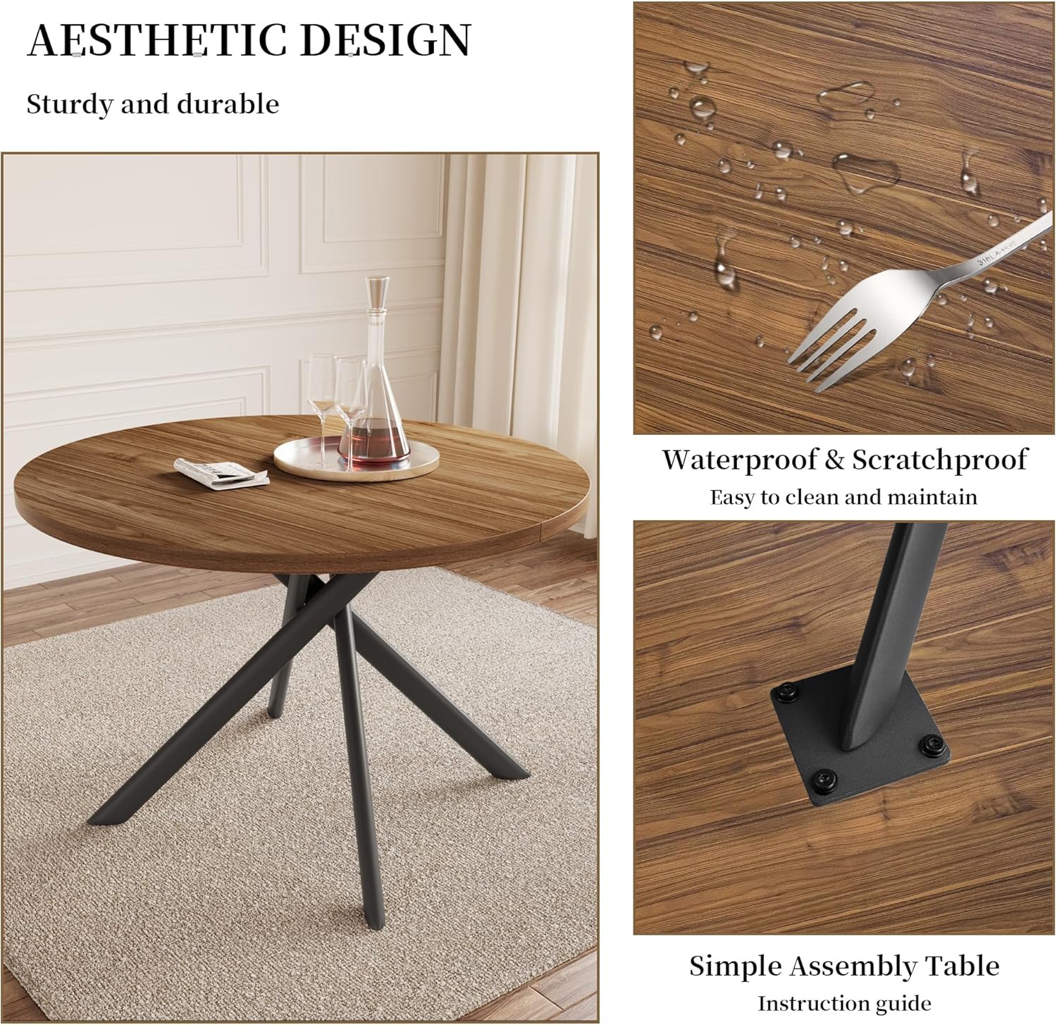 Image showing the assembly process for the table base, highlighting the X-shaped legs and the table top. It also shows the waterproof and scratchproof surface and adjustable foot pads.