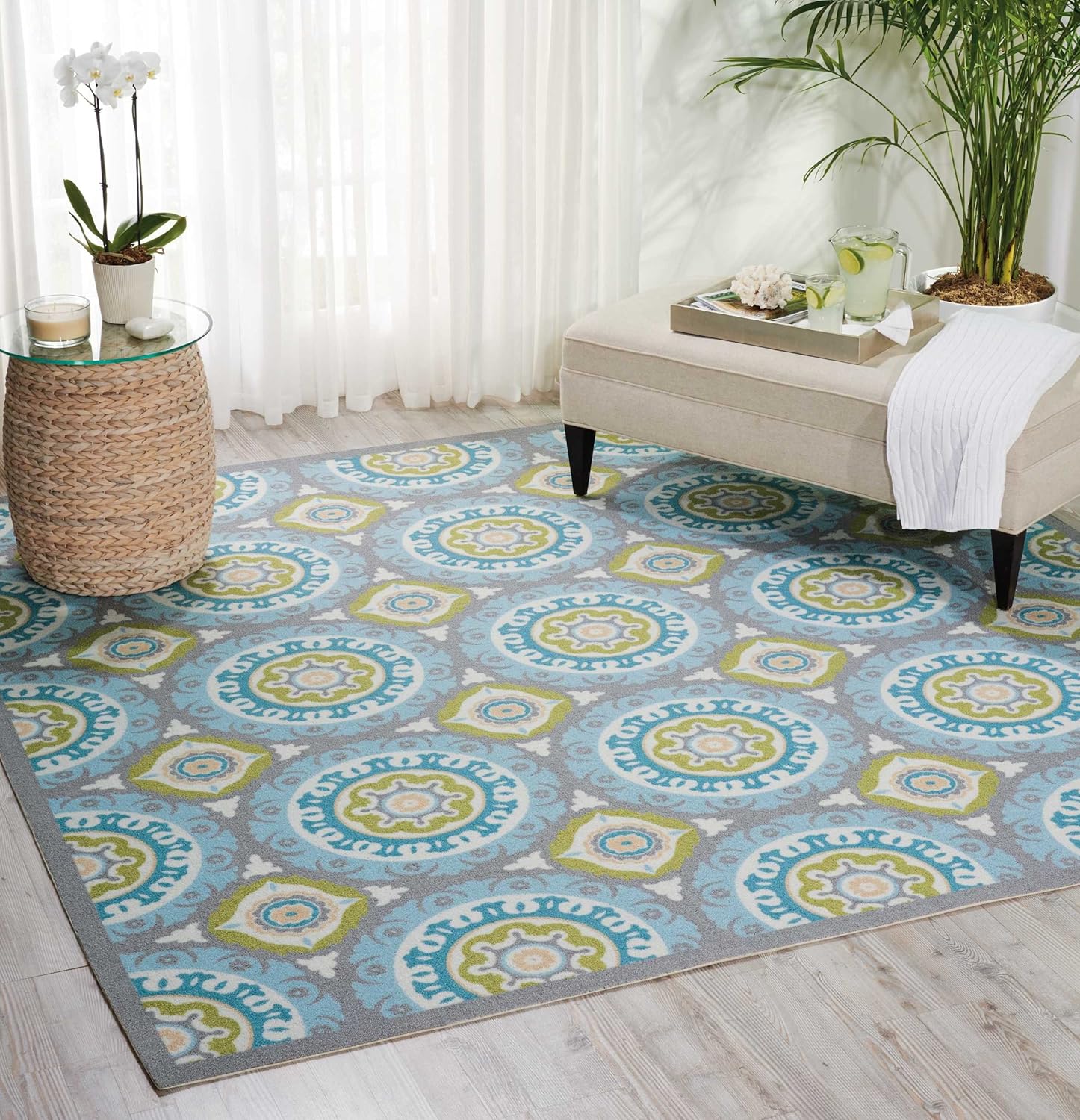 Waverly Sun N' Shade Indoor/Outdoor Jade 8'6 x Square Area Rug, Easy Cleaning, Non Shedding, Bed Room, Living Room, Dining Room, Backyard, Deck, Patio (9 Square)