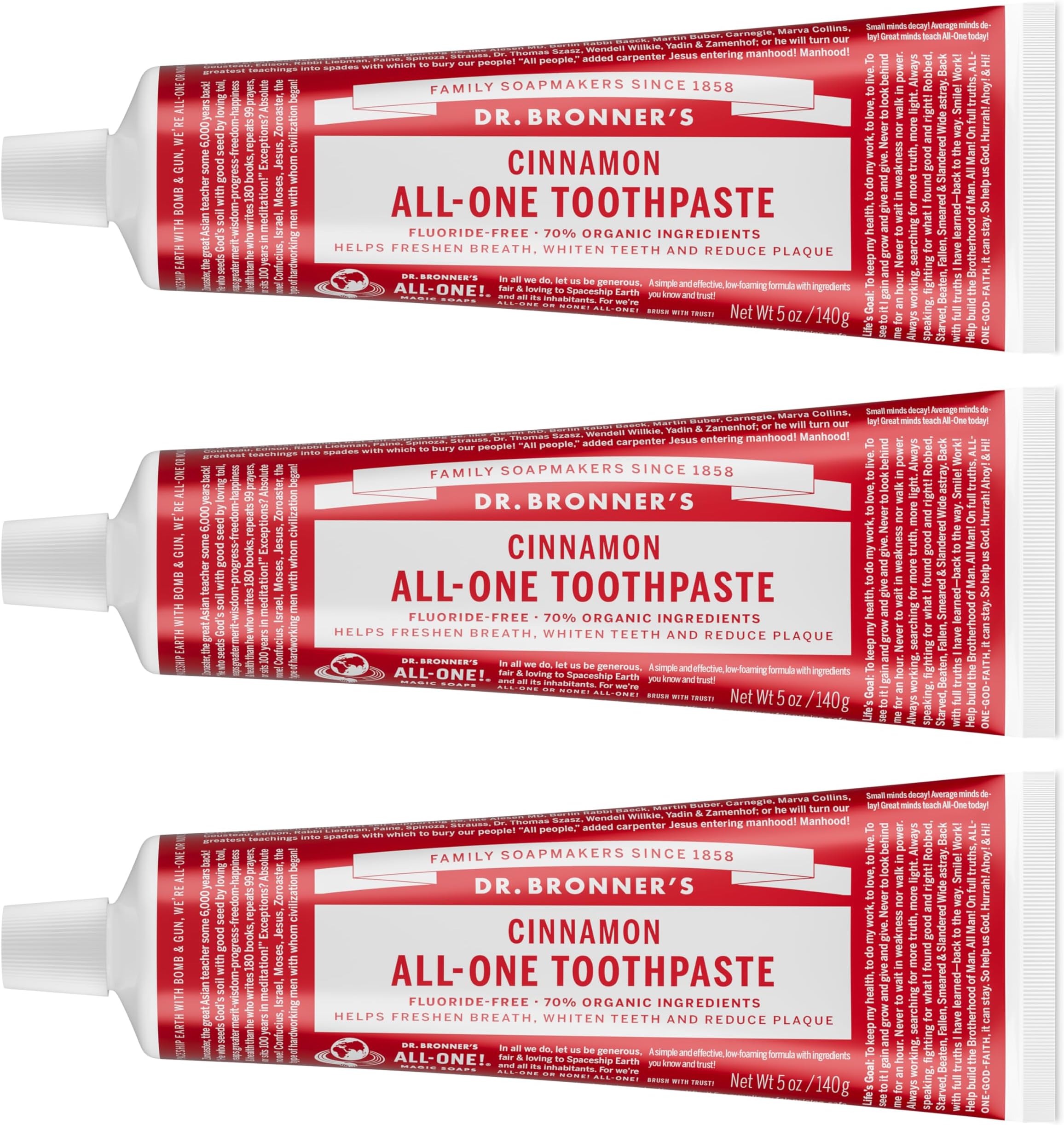 Dr. Bronner’s All-One Toothpaste– Cinnamon, 5 oz, 3-Pack– Fluoride-Free Toothpaste for Adults, SLS-Free, 70% Organic & Natural Ingredients, Vegan, Helps Freshen Breath, Reduce Plaque, Whiten Teeth