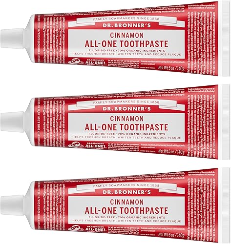 Dr. Bronner’s Pasta de dientes todo en uno – Canela, 5 onzas, paquete de 3 – Pasta de dientes sin flúor para adultos, sin SLS, 70% de ingredientes