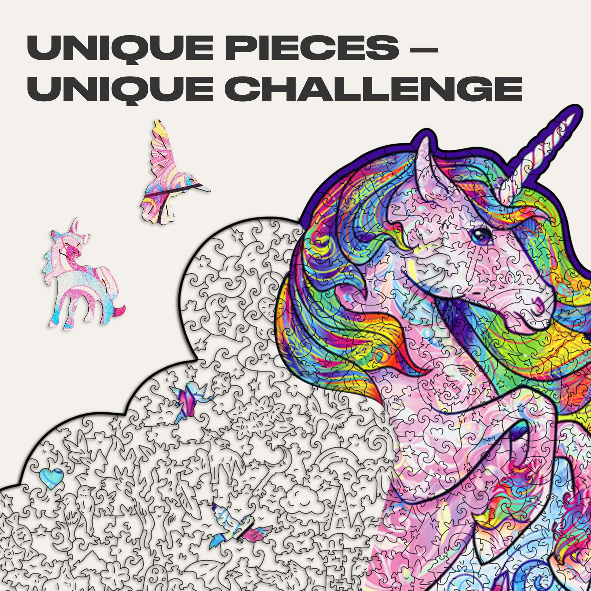 UNIDRAGON Oryginalne drewniane puzzle — inspirujący jednorożec, 700 żółtek, rozmiar królewski 17,7 x 23,6 cala (45 x 60 cm) piękne opakowanie na prezent, unikalny kształt najlepszy prezent dla