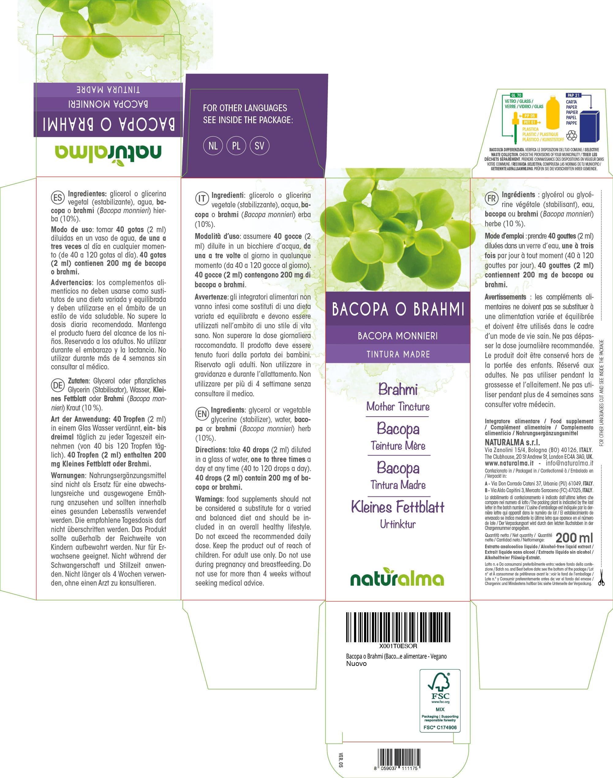 Bacopa o Brahmi (Bacopa monnieri) erba Tintura Madre analcoolica Naturalma - Estratto liquido gocce 200 ml - Integratore alimentare - Vegano