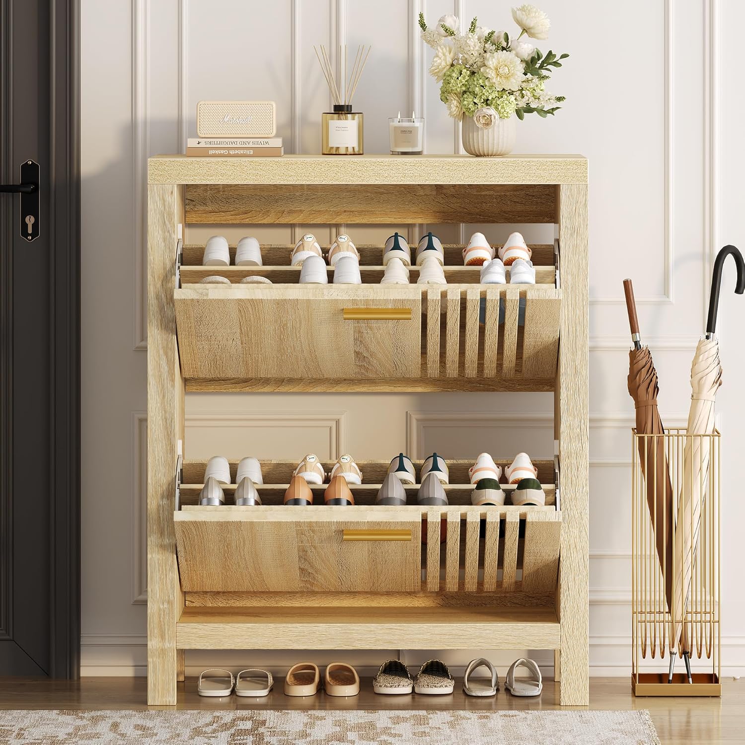knoworld Shoe Storage Cabinet for Entryway with 2 Flip Drawers, 31.5" Slim Fluted Shoe Organizer Cabinet, Narrow Wooden Shoe Rack Cabinet, Freestanding Hidden Shoe Cabinet for Hallway, Entrance (Oak)