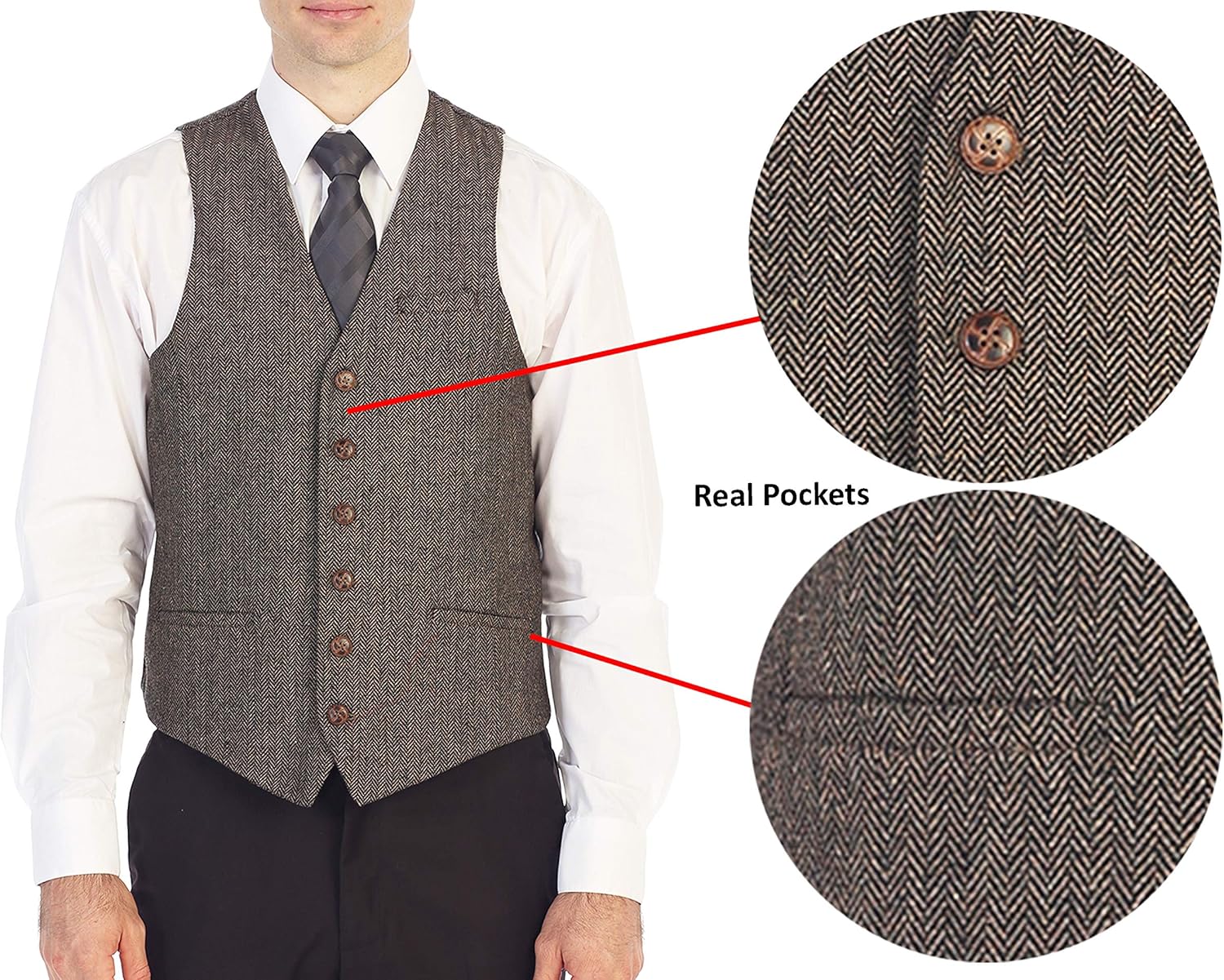 Gioberti Men's 6 Button Formal Herringbone Tweed Vest