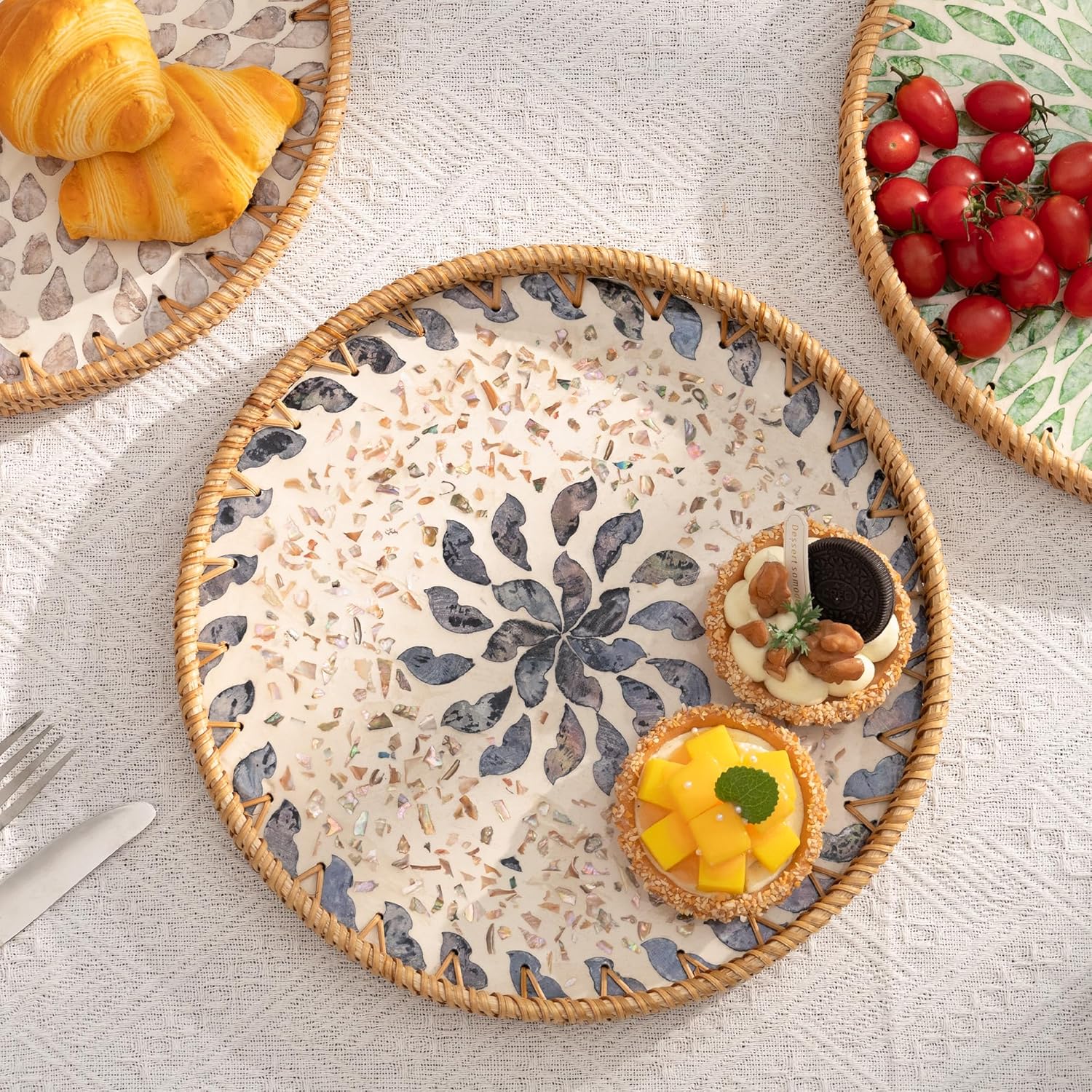 StorageWorks Bundle of 1-Pack Rectangle Decorative Trays for Home Decor Farmhouse & 1-Pack Rattan Tray with Mother of Pearl Inlay