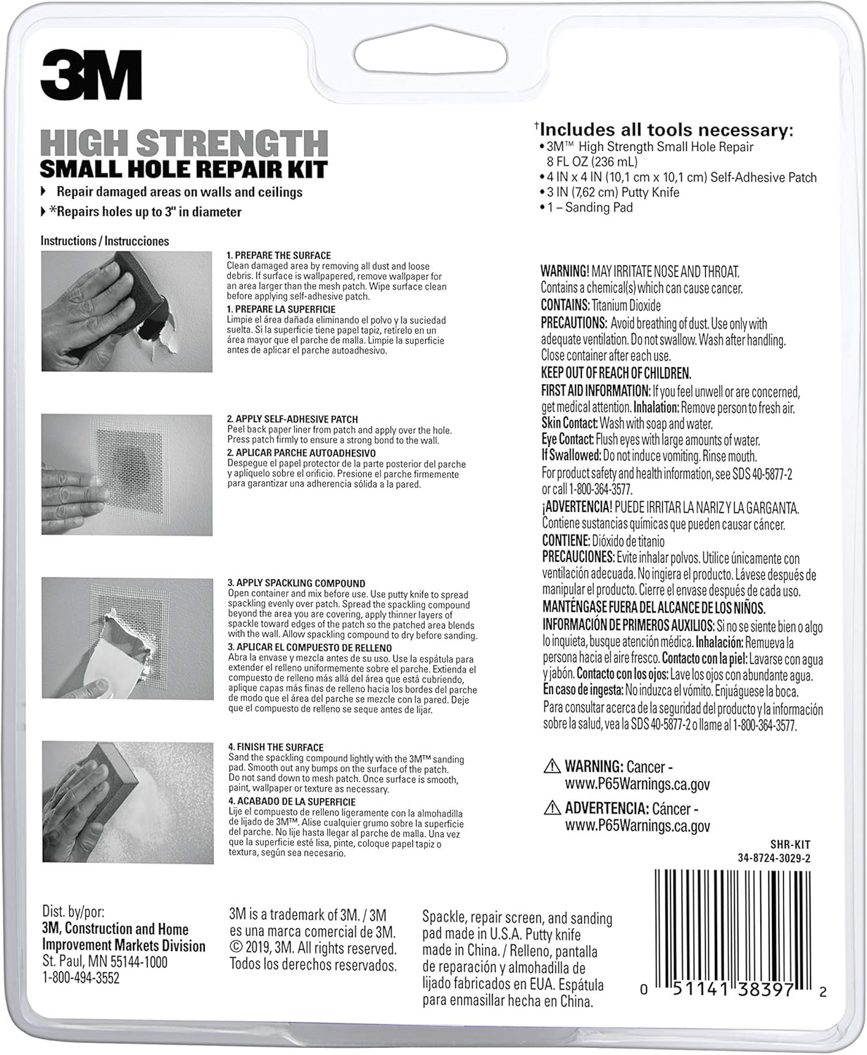 3M High Strength Small Hole Repair Kit with 8 fl. oz Spackling Compound, Self-Adhesive Patch, Putty Knife, and Sanding Pad - - 