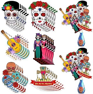 30 Pcs Day of the Dead Decoration Dia De Los Muertos Classroom Bulletin Board Decors Cutouts Sugar Skull Centerpiece Sticks with Wooden Sticks and Point Glue for Mexican Halloween Party Supplies