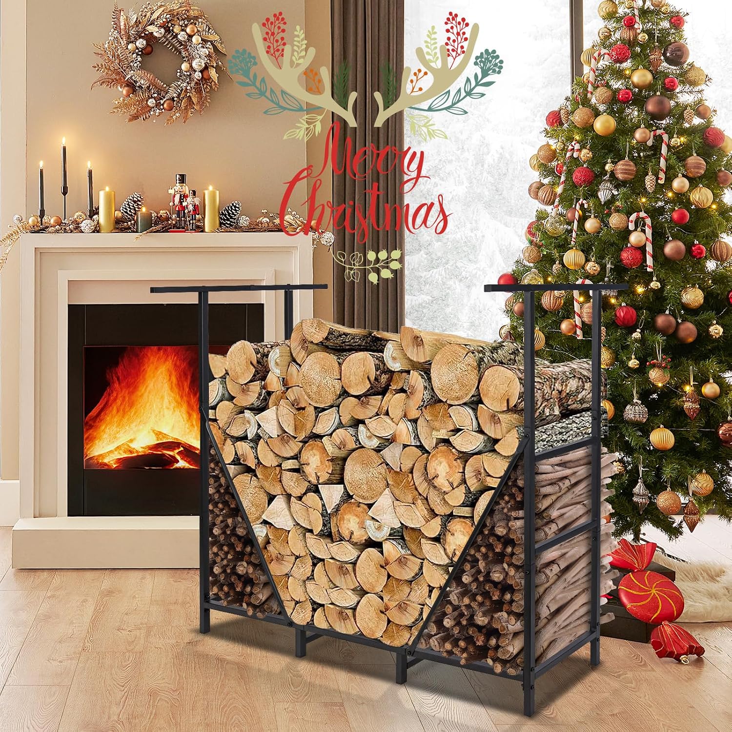 HONEST OUTFITTERS 4ft Firewood Rack Outdoor, Adjustable Heavy Duty Firewood Holder, Adjustable Wood Racks for Outdoor Indoor, Metal Log Racks for Firewood with Firewood Bag Carrier, Black