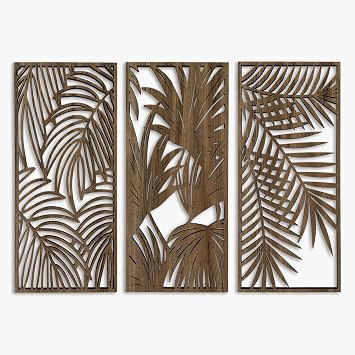 Tropical Leaves Wood Wall Art for Living Room, Botanical Wall Art Wood Panel, Floral Wall Art Decor Over the Bed Set of 3, Gift for the Home Decor
