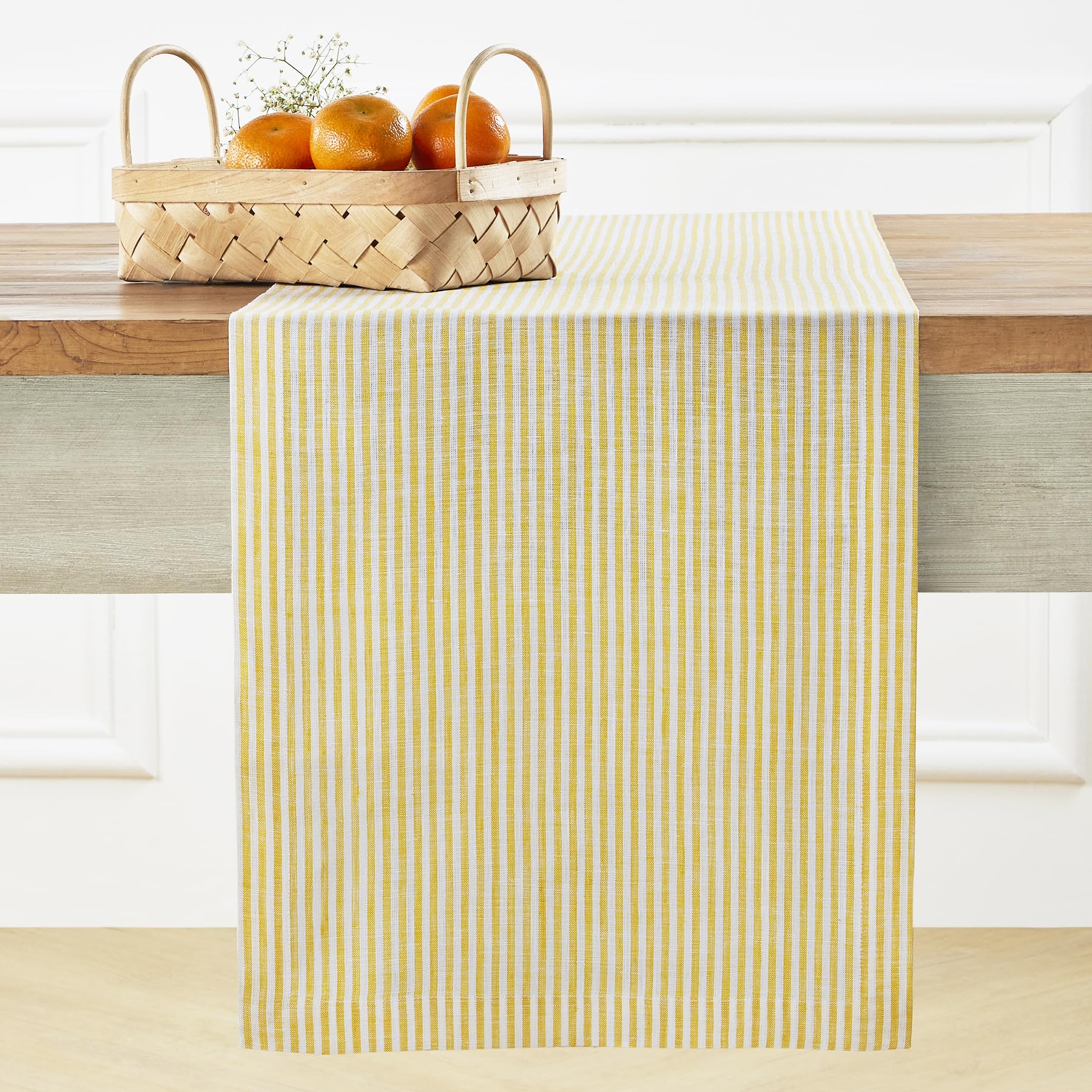 Photo 1 of Solino Home 100% Pure Linen Table Runner 14x144 Inch - Narrow Stripe Spicy Mustard and White Cloth Runner for Dining Buffet Table, Indoor, Outdoor - Machine Washable - Spring, Summer