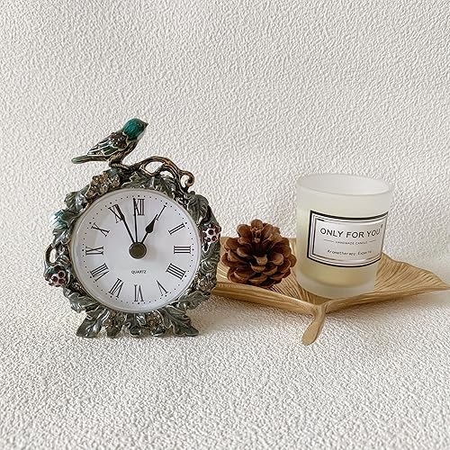 Miniatura 7 de Silent Mini reloj de mesa analógico vintage con cuerpo de metal pintado a mano y núcleo sin tictac funciona con pilas para estante, dormitorio,