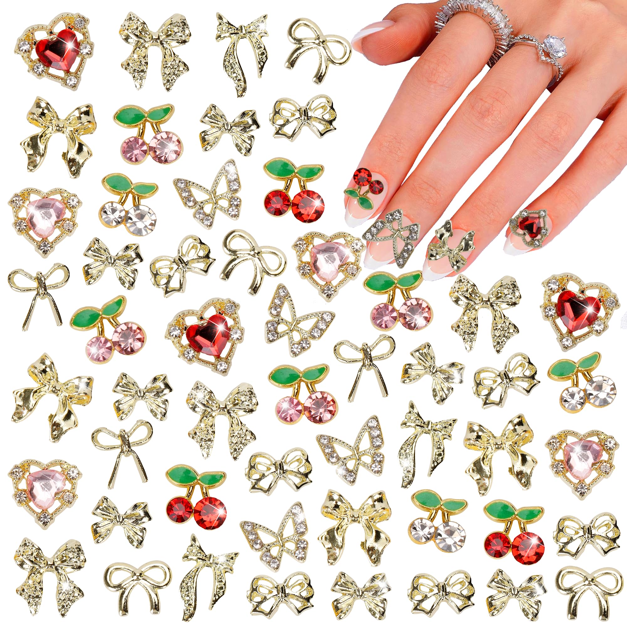 COOSLIM 30 Pcs 3D Y2K Nail Charms, Pink Cross Butterfly Star Cherry Heart Nail Gems Charms, Bows Nail Art Charms Rhinestones for Nail Art Design DIY Accessories D-image-26