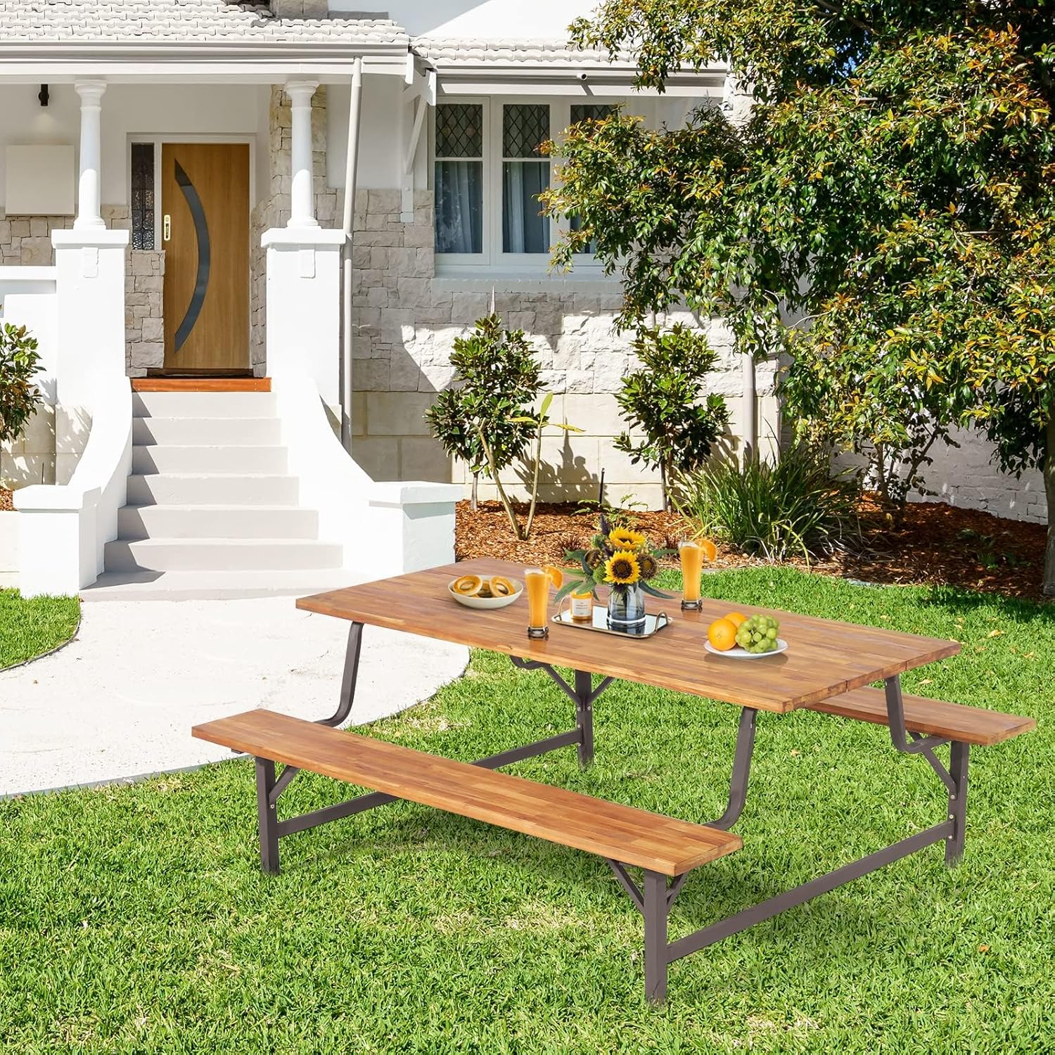 HAPPYGRILL Acacia Wood Picnic Table Bench Set with Solid Metal Frame, Patio Dining Table and Bench Set with 71 Inches Rectangular Tabletop and 2 Inches Umbrella Hole