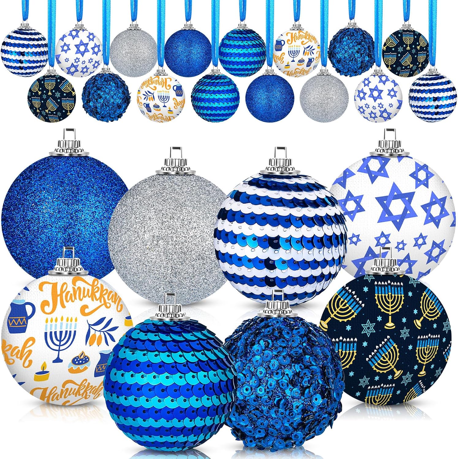 MiniInflat 24 Pcs 2 Inch Tree Ornaments Bulk Sequin Hanging Xmas Ball Special Day Decorations Cloth Pendants Flower Ornaments for Birthday Party Indoor Outdoor Decor(Blue,Hanukkah)