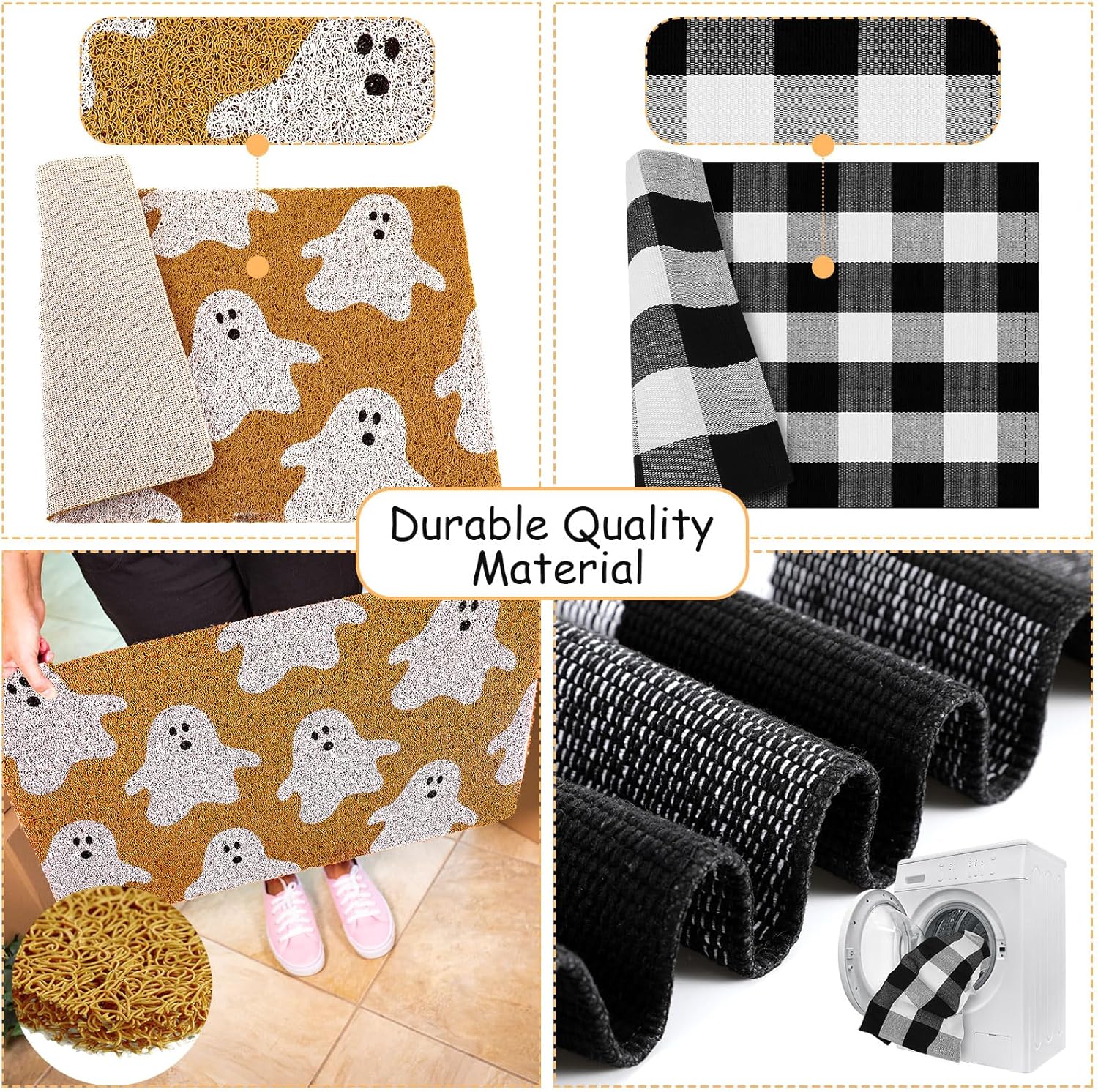 Fabbay 2 Pcs Halloween Fall Welcome Mat - Halloween Ghost Design, Black White Layered Buffalo Plaid Rug, Outdoor/Indoor Doormat for Front Door Porch, Autumn Xmas Holiday Decor