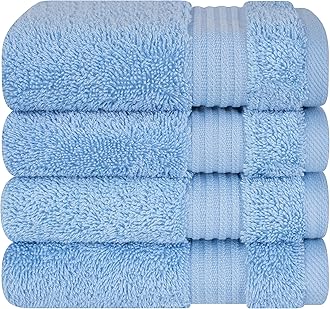 Luxury Turkish Cotton Washcloths for Easy Care, Extra Soft and Absorbent, Fingertip Towels, 4 Pack Washcloth Set by United Home Textile, Sky Blue