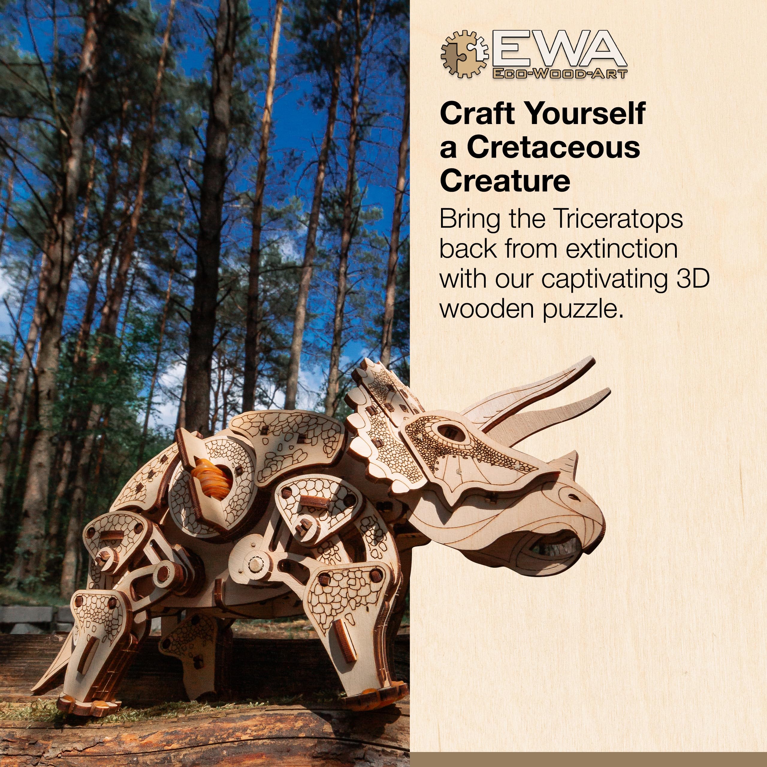 EWA Eco-Wood-Art - Triceratops de Dinosaurio - Rompecabezas mecánico 3D de Madera - Rompecabezas para Adultos y Adolescentes - Montaje sin Pegamento - 283 Piezas