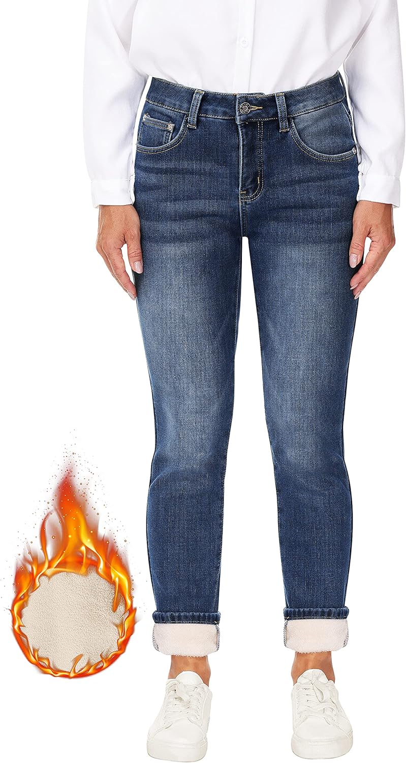 Women's Fleece Lined Jeans Thermal Flannel Lined Jeans Winter Warm Thicken Skinny Stretch Denim Pants - Image 3