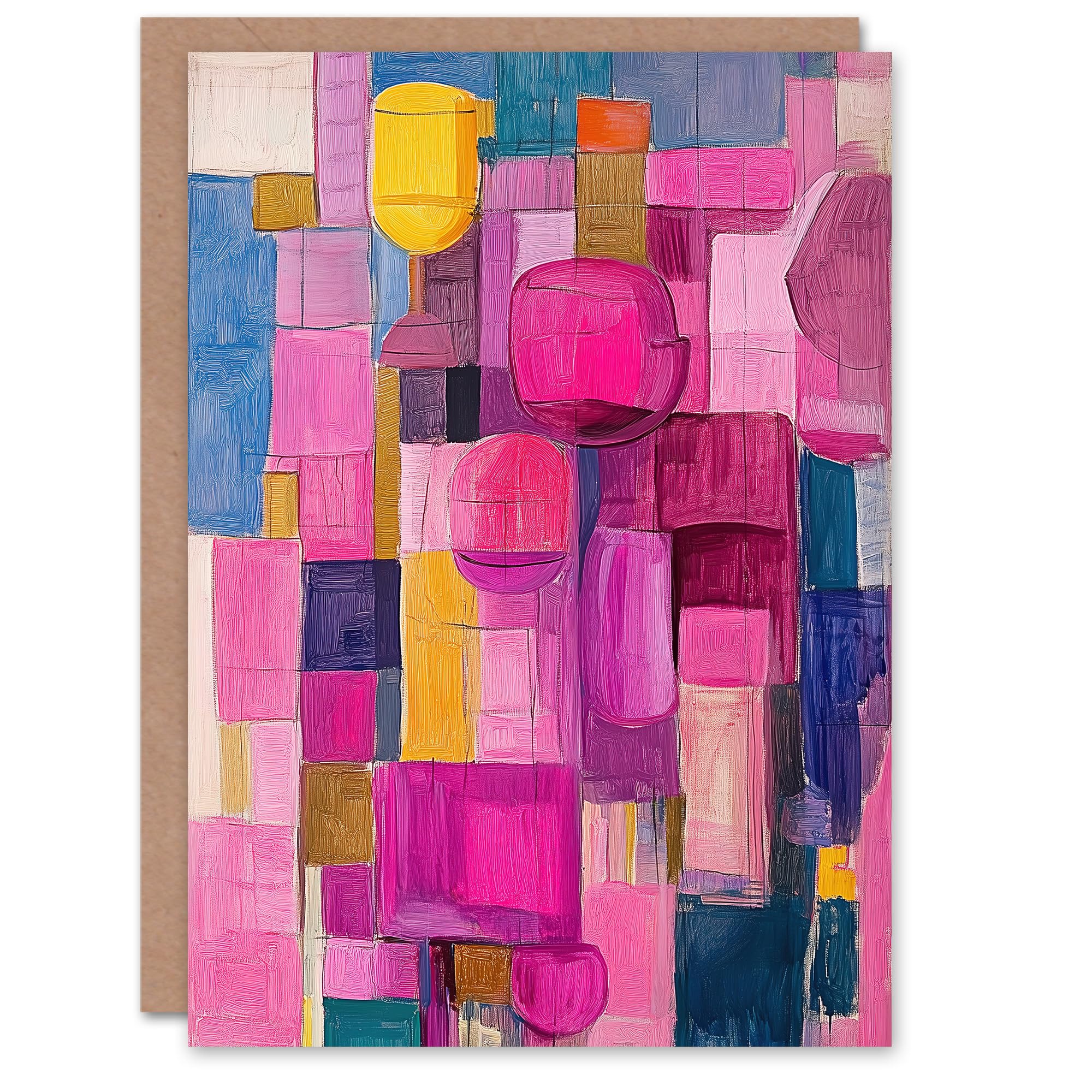 Artery8 Greeting Card Wine Lover Drinks Pink Abstract Cubist Still Life Blank For Him Or Her Art Congratulations Card