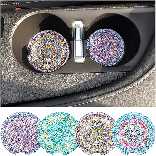 Sinmoe 4 posavasos de auto con diseño de mandala, para bebidas, kit de pintura de diamantes, estilo mandala para adultos, principiantes, suministros