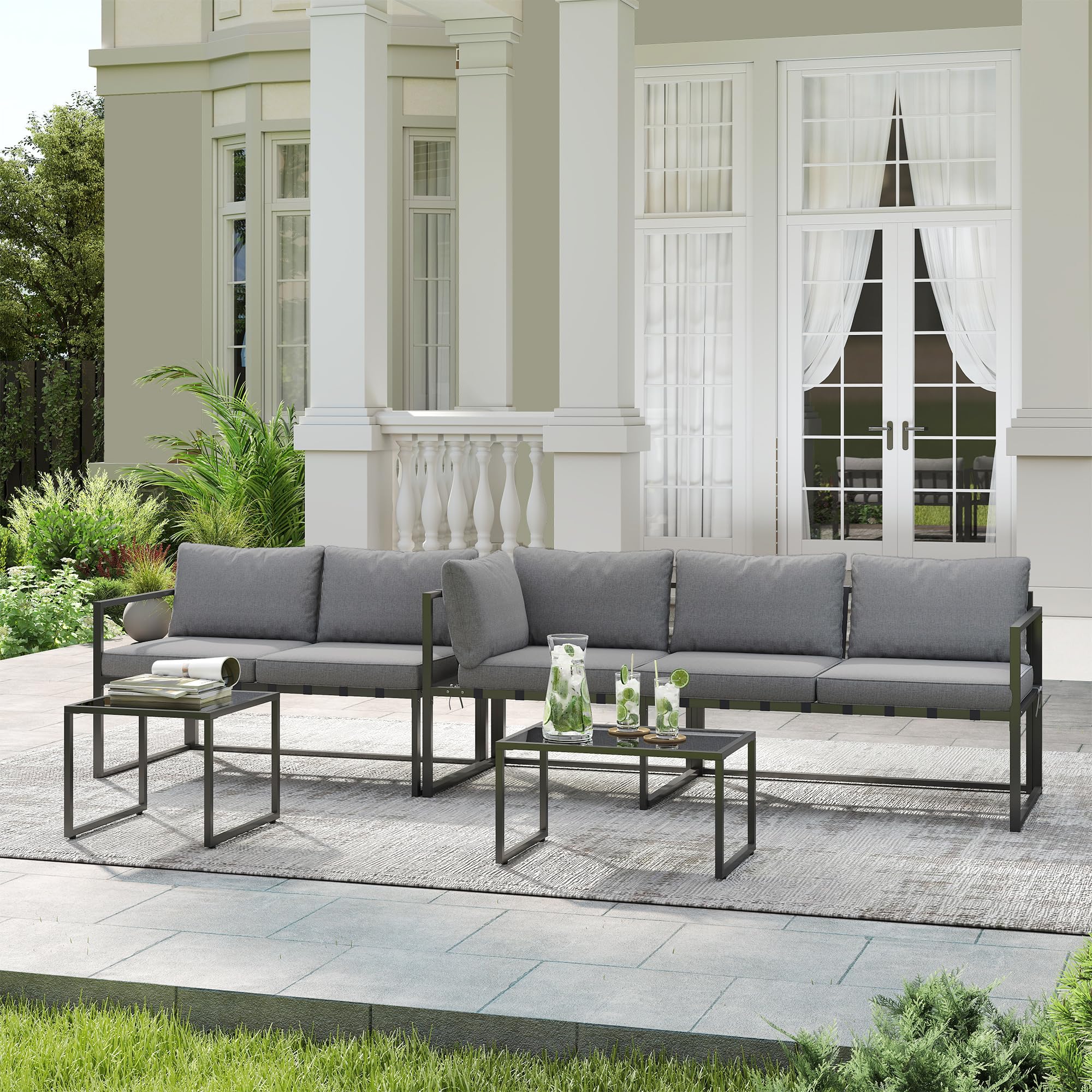 Outsunny Soggiorno da giardino esterno angolare 4 pezzi con divano a 3 posti e 2 posti, 2 tavolini estraibili in vetro temperato, cuscini inclusi, veranda grigio