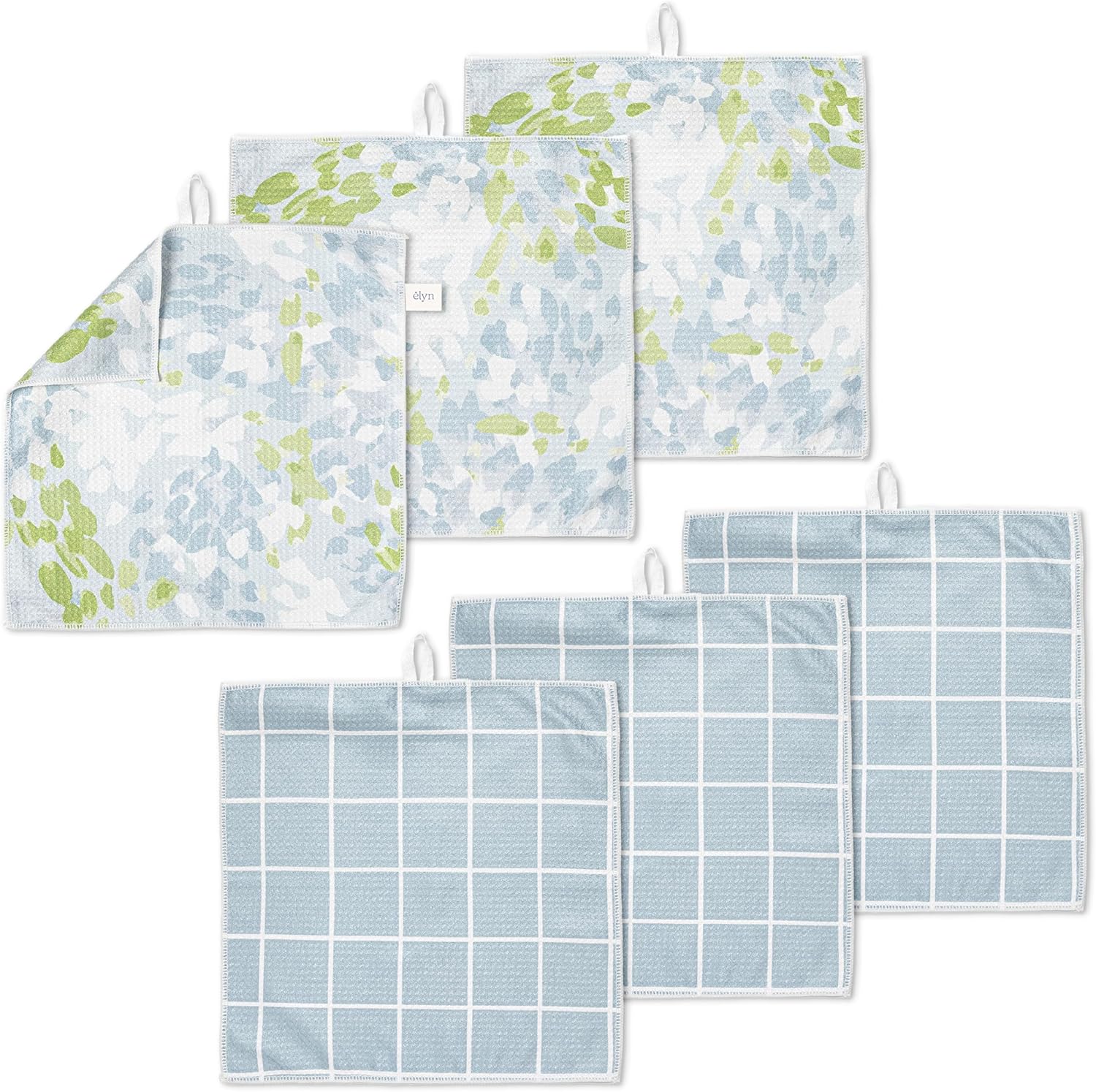 ELYN Microfiber Kitchen Dish Cloth Set, Quick-Dry & Absorbent Waffle Weave Cleaning Towels, Set of 6 Wash Cloths, Paper Towels & Sponge Alternative (Painterly Floral & Grid)