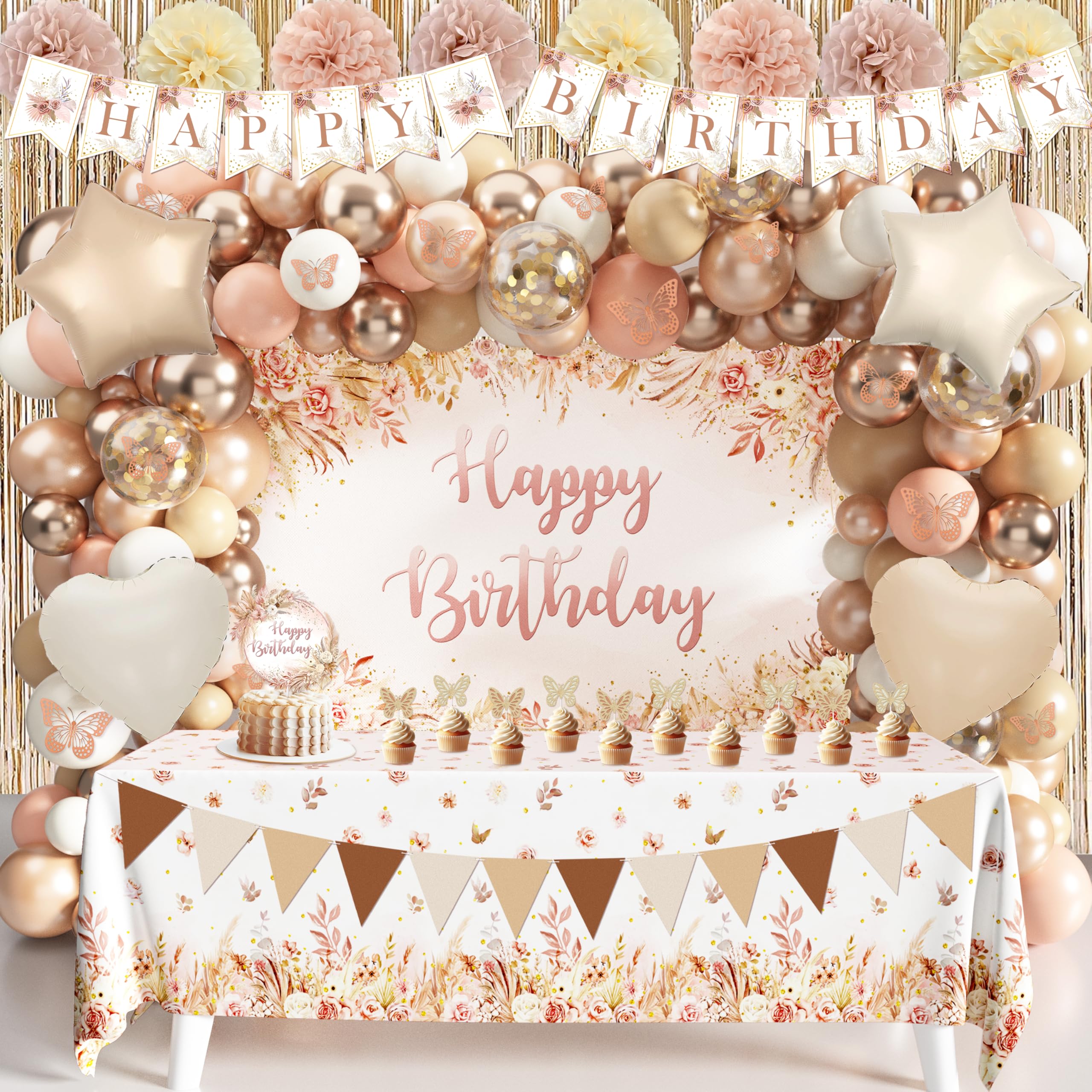 Boho Birthday Decorations for Women, Pastel Neutral Happy Birthday Decors Set for Girls or Boy, Balloon Arch Garland Kit