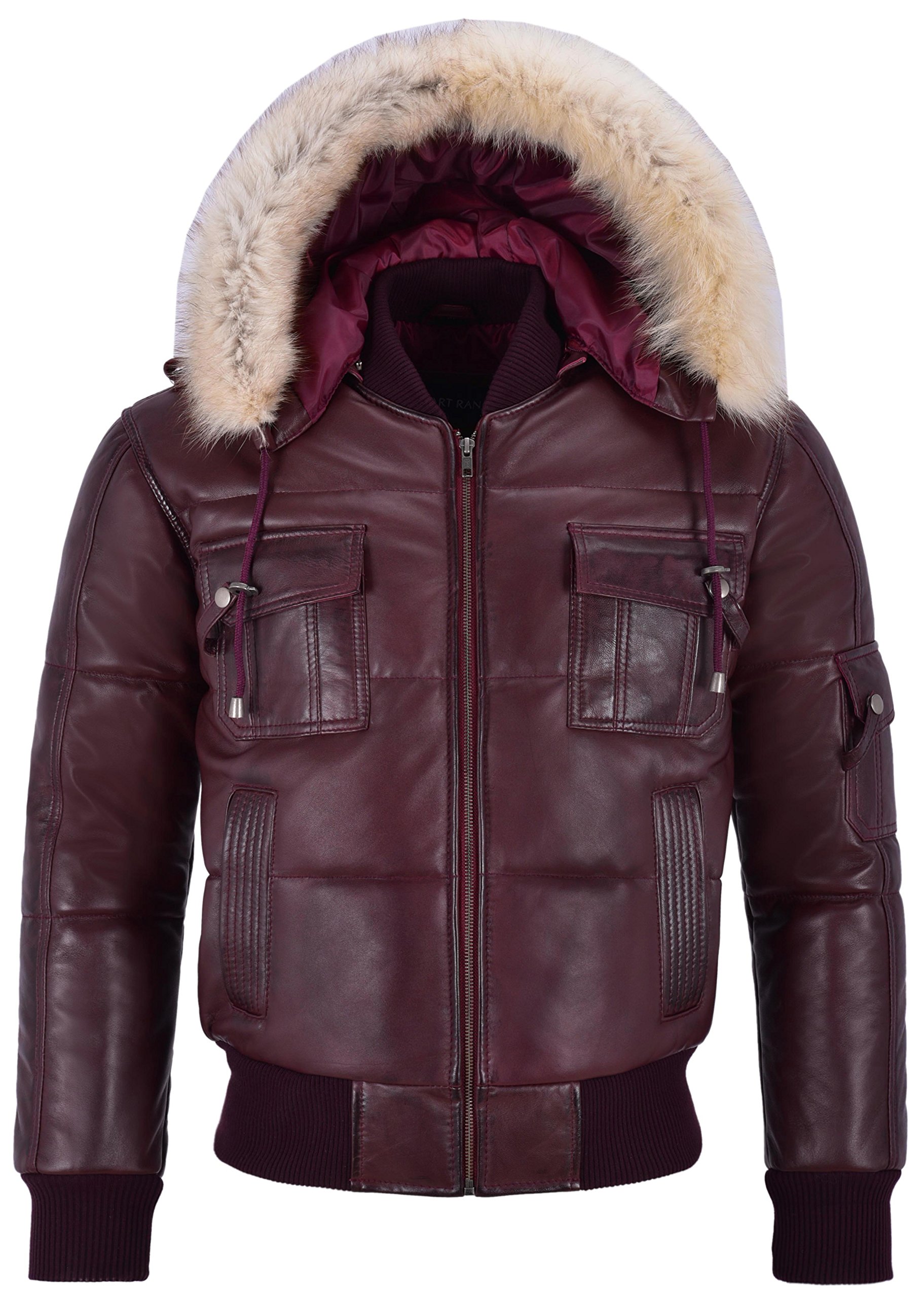 'THE PILOT SIX PUFFER' Men's Cherry Hooded Bomber Genuine Real Leather Jacket (M, Cherry)