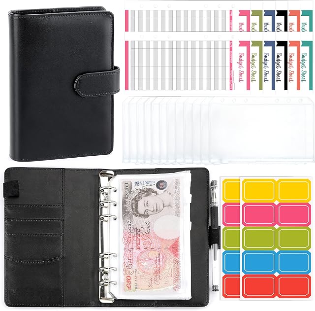 A6 Budget Binder Planner - Leather Ring Binder Notebook with 12 Clear Plastic Cash Envelopes Pockets and 12 Expense Budget Sheet, Cash Organizer Money Saving Wallets for Travel and Diary (Black)