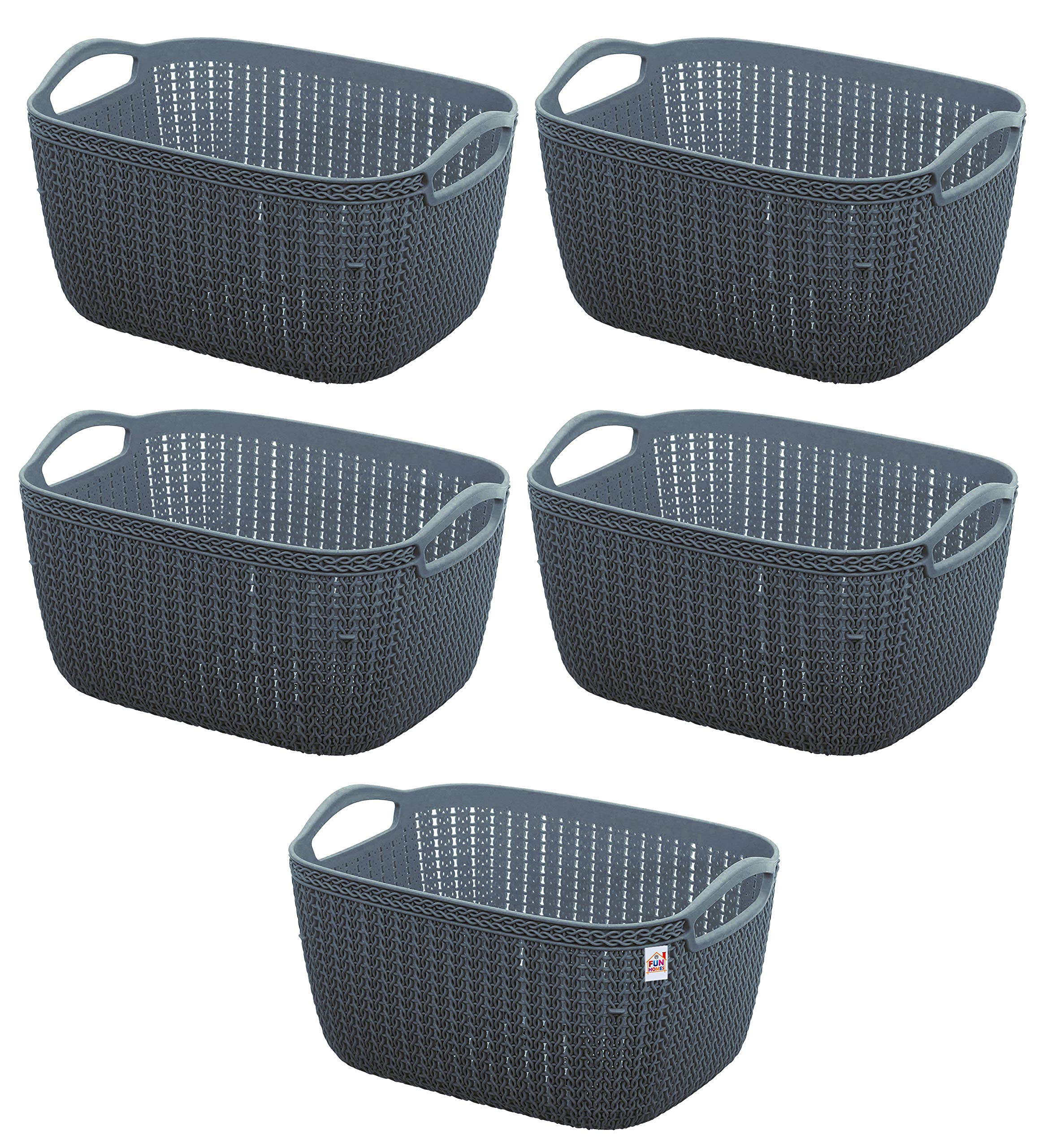 Fun HomesQ-5 Unbreakable Plastic 5 Pieces Multipurpose Medium Size Flexible Storage Baskets/Fruit Vegetable Bathroom Stationary Home Basket with Handles (Grey)